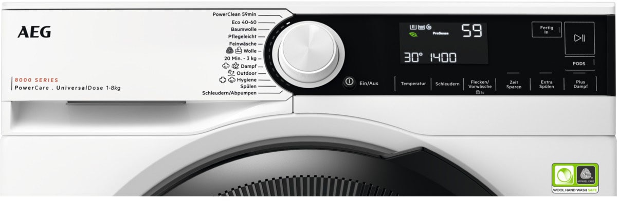 Waschmaschine U/min, Garantie PowerClean 1400 XXL mit AEG LR8E70480, 30 nur in bei 59 - »LR8E70480«, 8 Min. kg, Jahren Fleckenentfernung °C 3