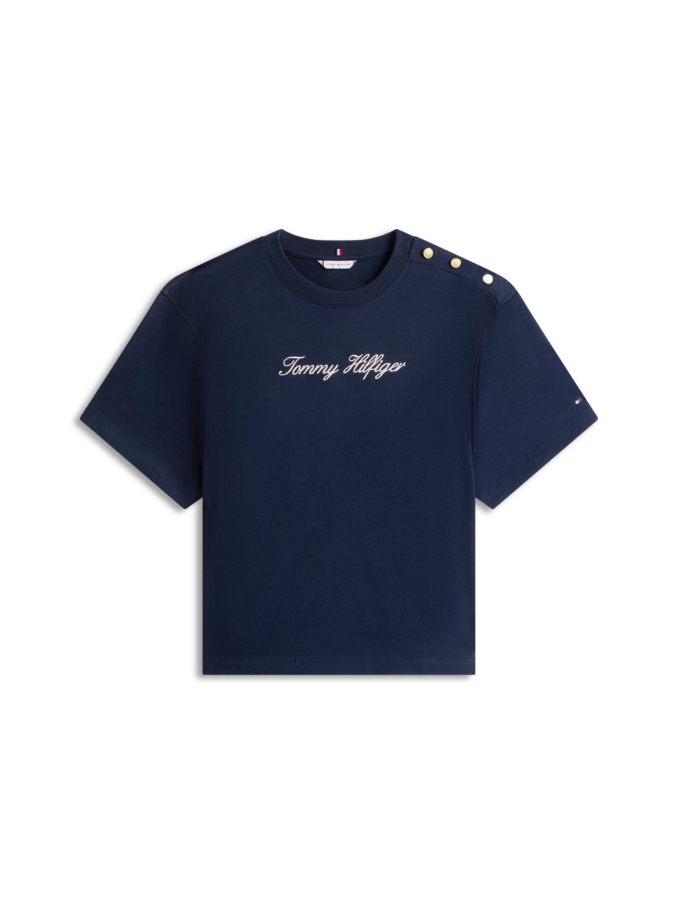 Tommy Hilfiger Curve Kurzarmshirt »CRV GOLD BTN SCRIPT MDRN SS TEE« in großen Größen, mit goldfarbenen Knöpfen