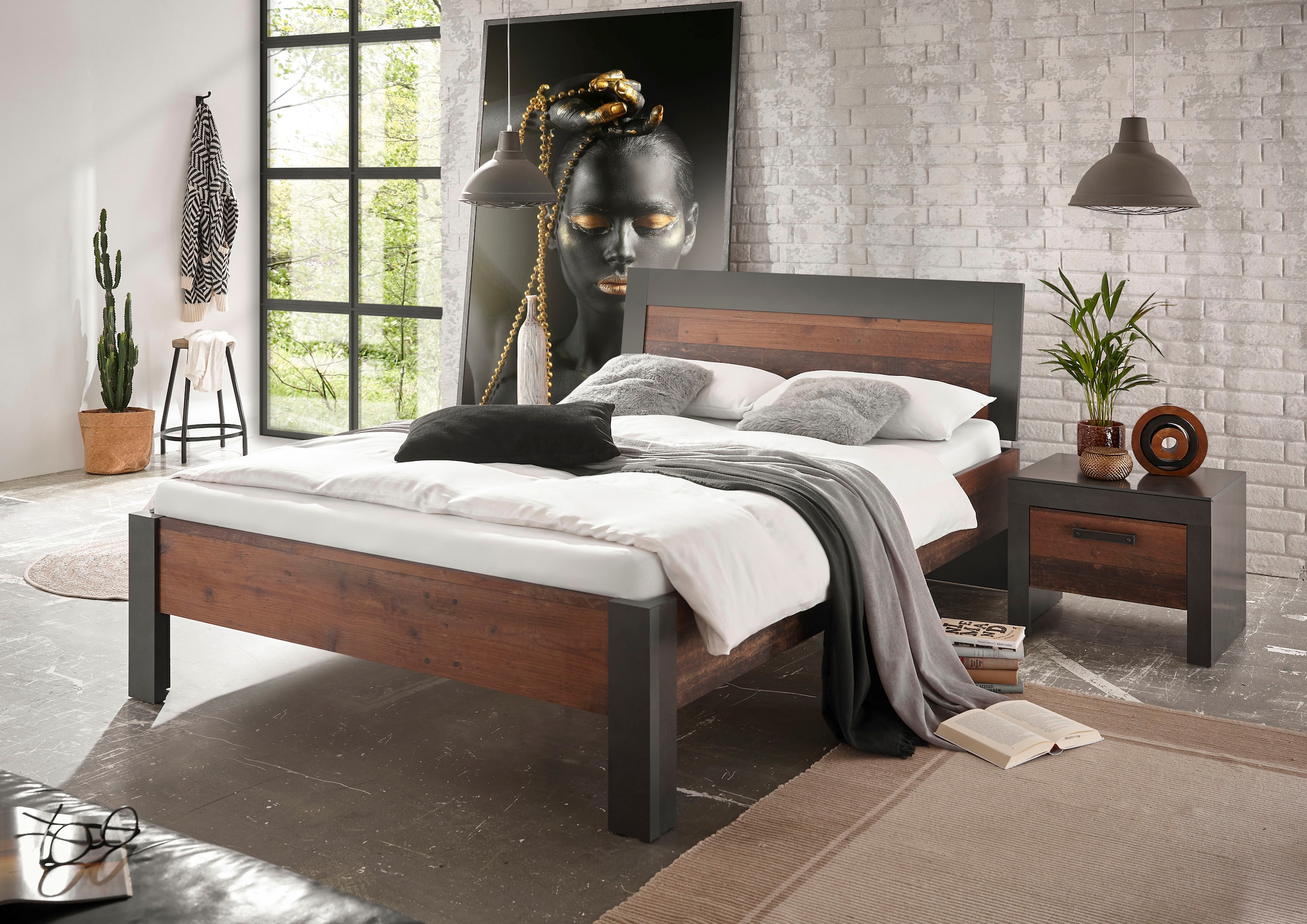Home affaire Bettanlage »BROOKLYN«, (Set, 2 tlg., Einzelbett mit Holzkopfteil, Nachtkommode)