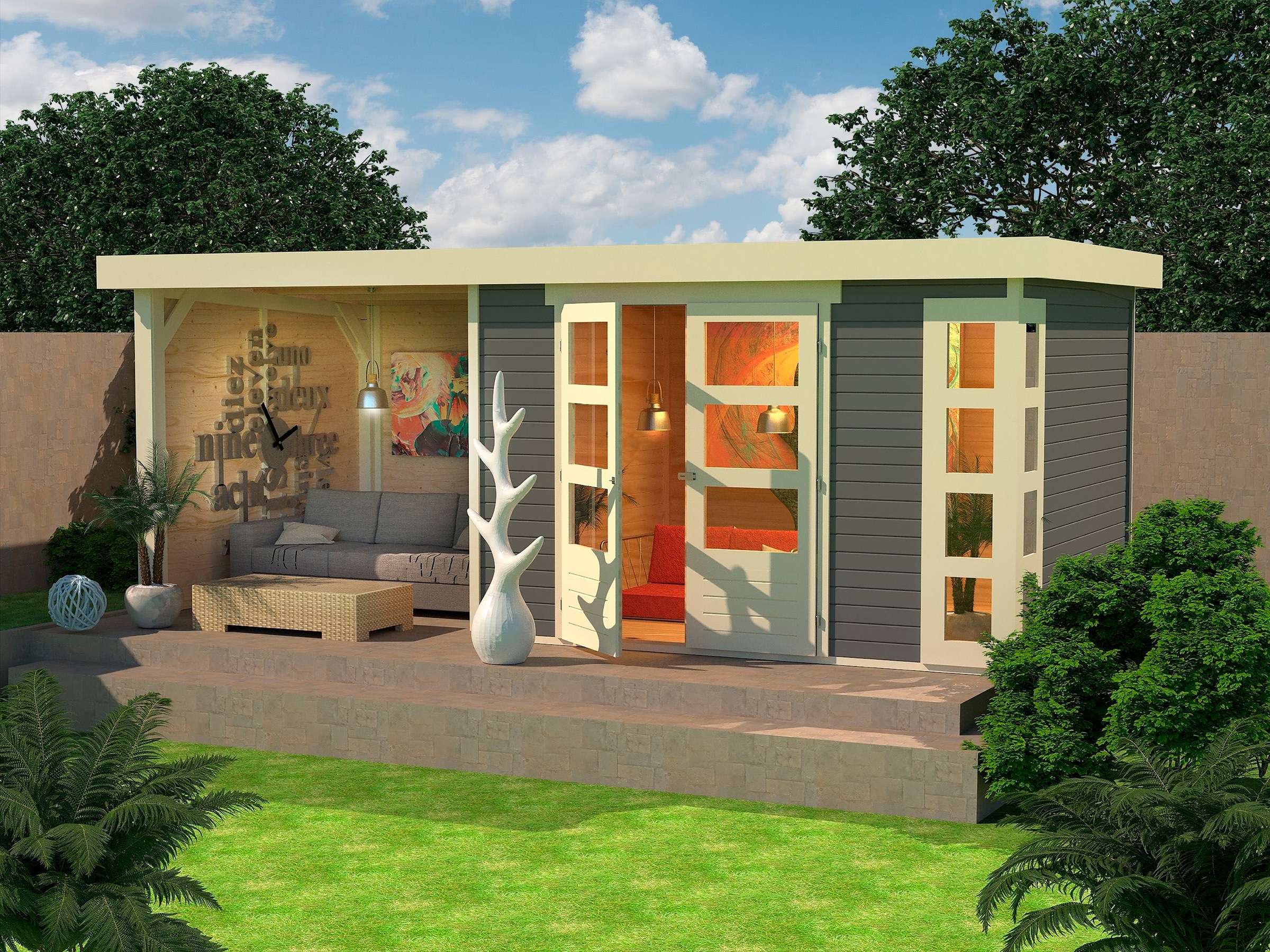 Karibu Gartenhaus »Kerko 5«, mit Anbaudach, Seiten- und Rückwand