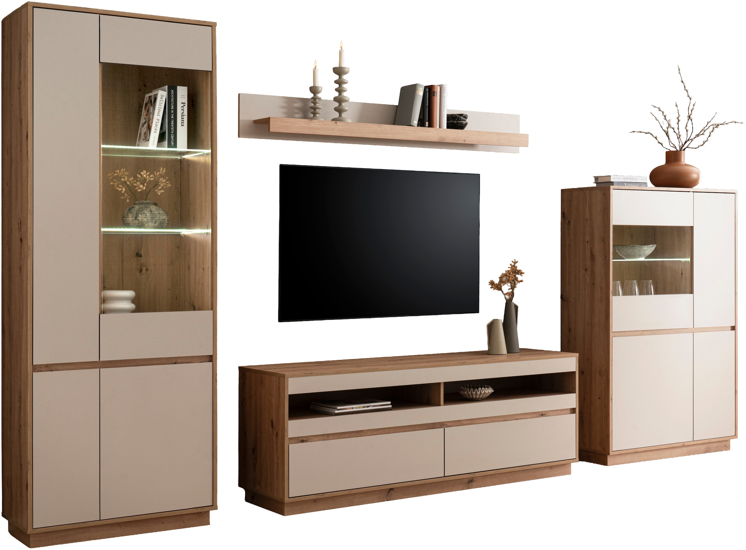 Home affaire Wohnwand »Sonora, moderne Anbauwand, Komplettset in Kaschmir/Eiche« Komplett-Set, 4 Stk. tlg.