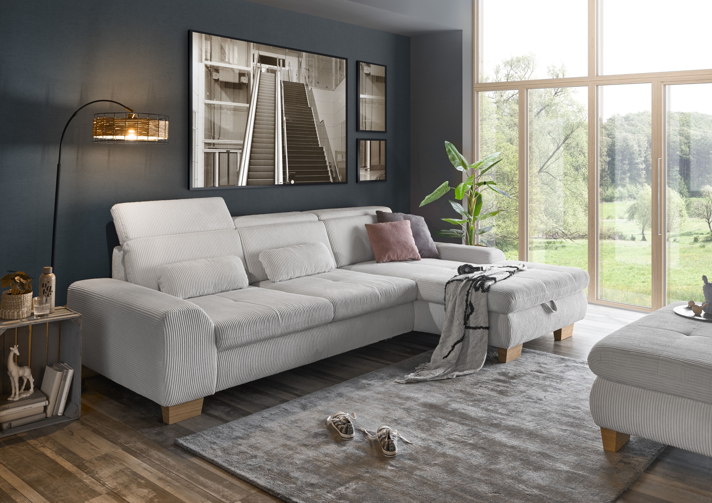set one by Musterring Ecksofa »SO 3400 Sitzhöhe 47cm oder 49cm, Sitztiefe verstellbar, B/T: 307/195cm«, Kopteil verstellbar, mit Bettfunktion, in Cord, silver, Sitzhöhe 47