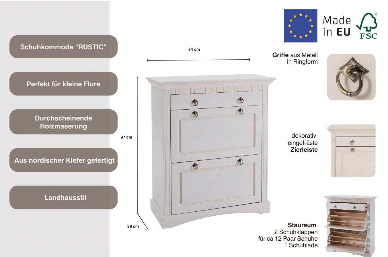 Home affaire Schuhkommode »Rustic«, aus massiver Kiefer, Breite 84 cm, mit Kassetenoptik