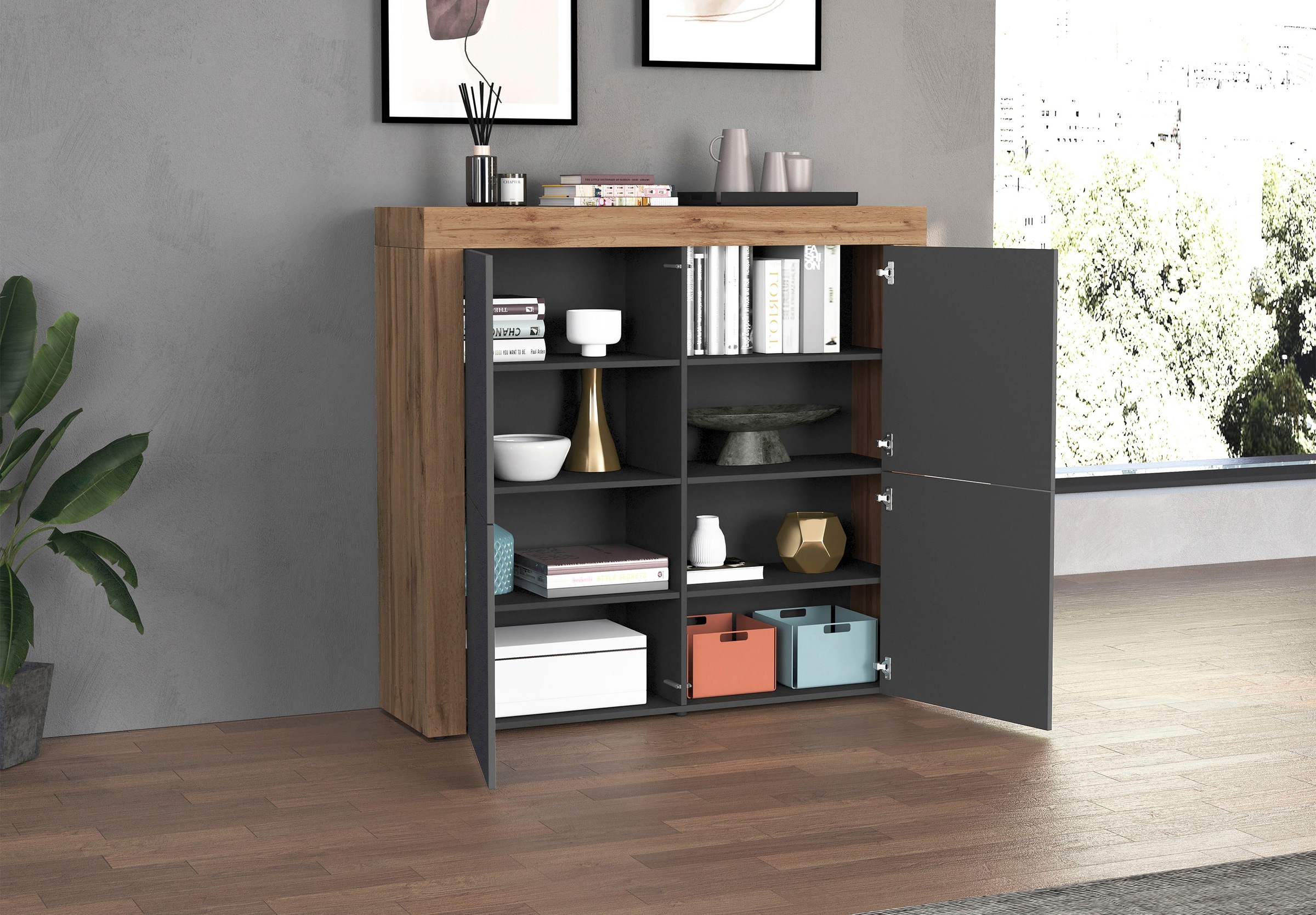 INOSIGN Highboard »CHRONOS Breite 140 cm mit 4 Türen und 8 Fächer 'Made in Italy'«, (1 St.), Hohes Sideboard, Kommode, Schrank, Grifflos mit Push to Open