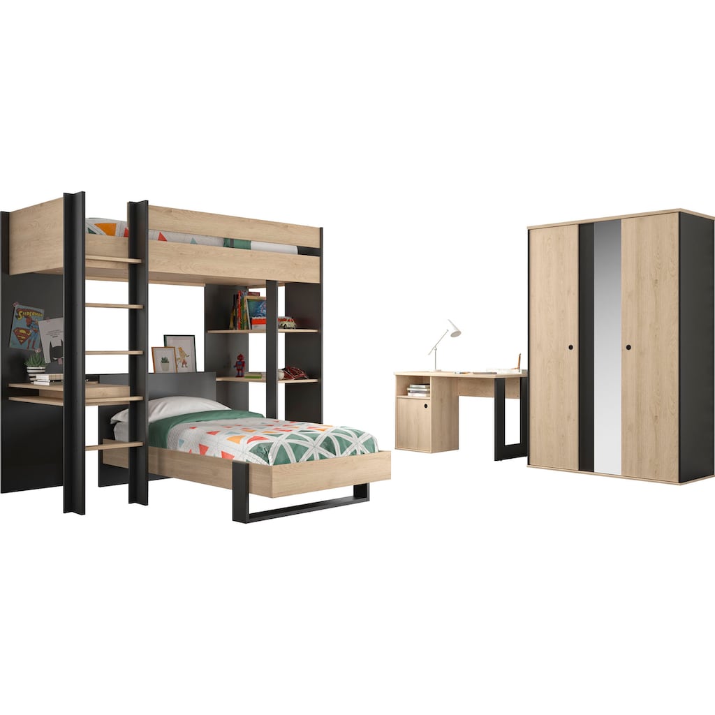 Gami Jugendzimmer-Set »Duplex«, (4 St., Bett, Kleiderschrank, Schreibtisch, Hochbett)