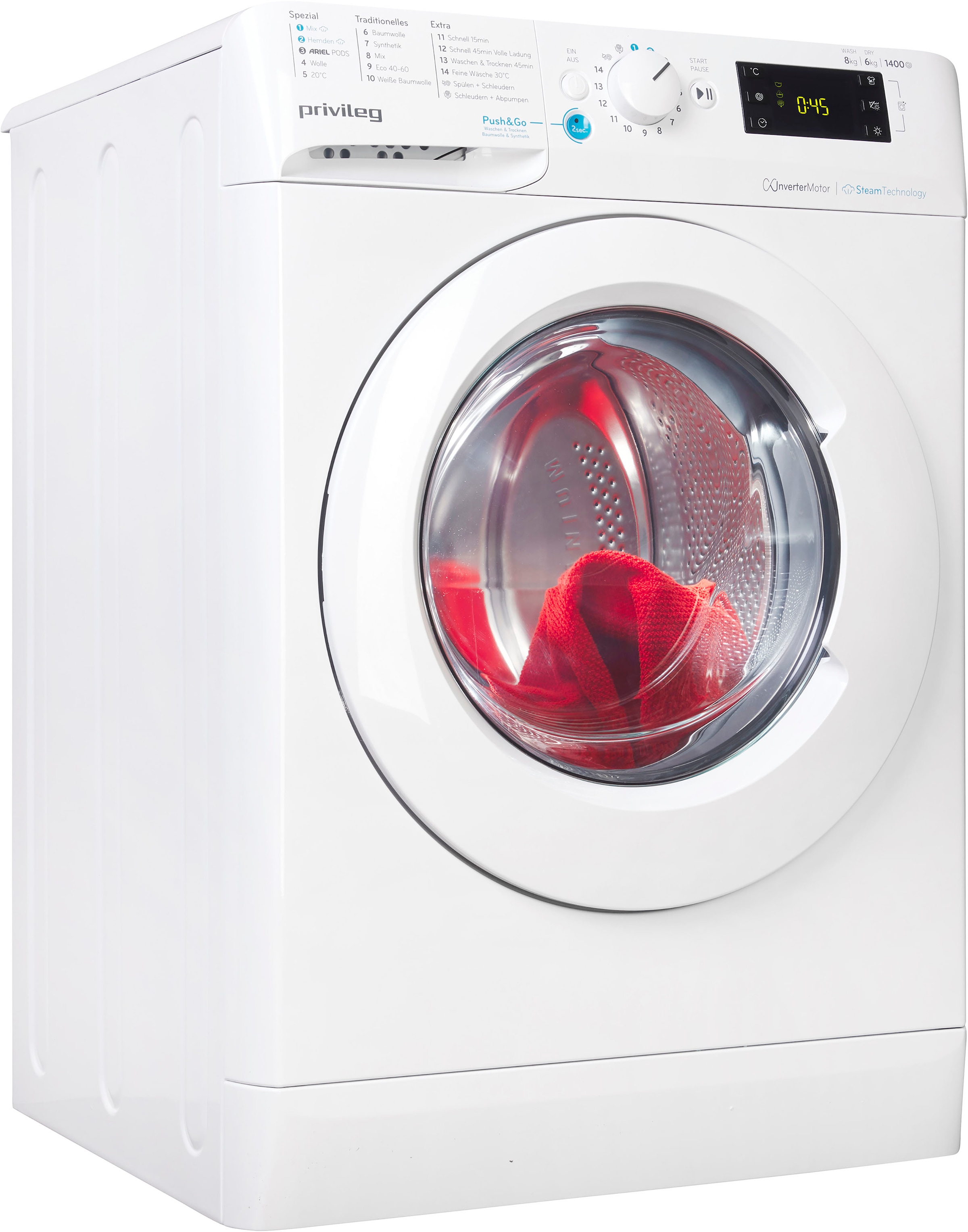 Privileg Waschtrockner "PWWTV X 86H69" 8 kg /6 kg 75 dB(A) Push&Go mit Steam-Technologie – Reduziert die Bügelzeit um bis zu 30%