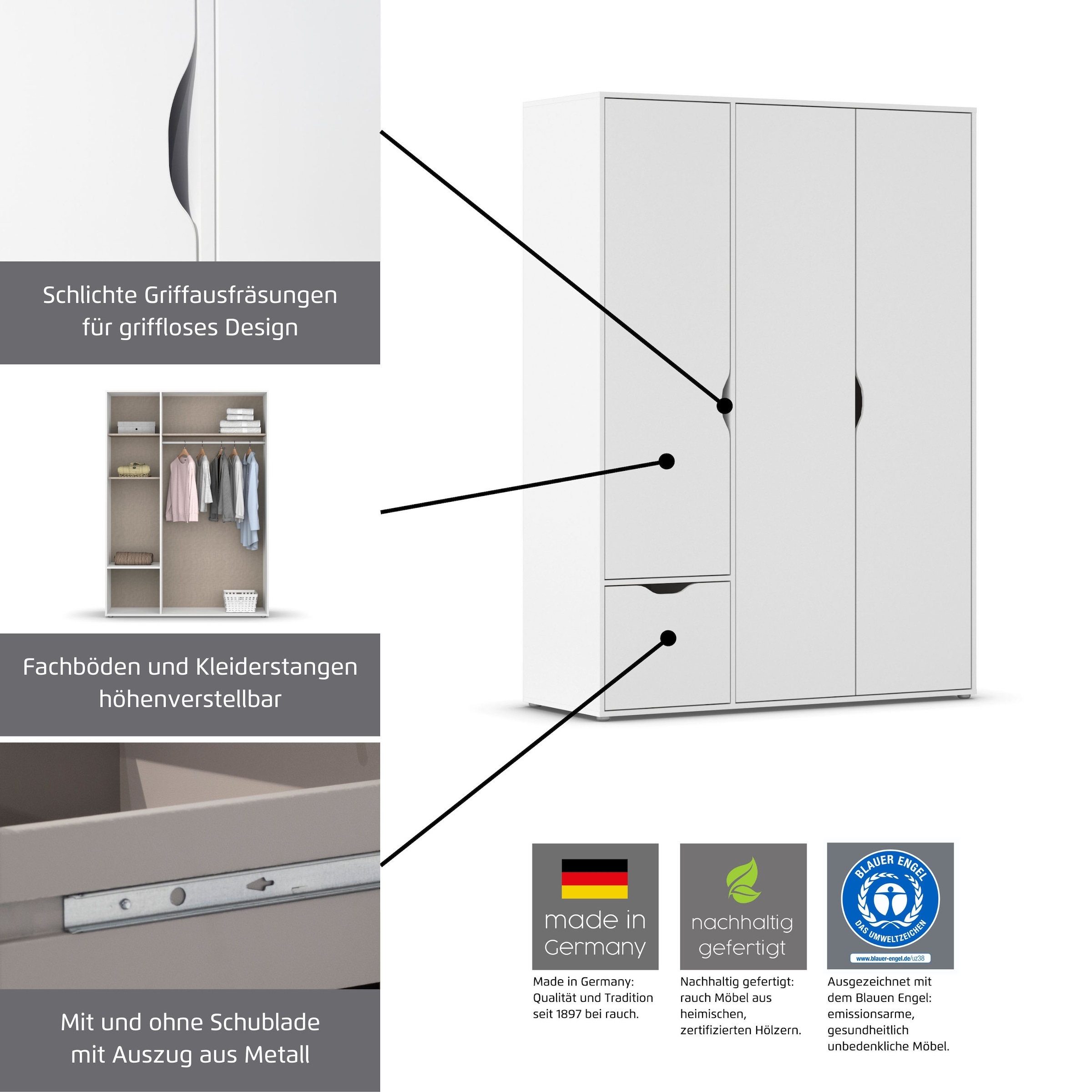 rauch Drehtürenschrank »Kleiderschrank Schrank Garderobe Wäscheschrank NARAI mit Spiegel« in 3 verschiedenen Ausstattungen BASIC/CLASSIC/PREMIUM,  Griffausfräsungen für eine grifflose Optik TOPSELLER MADE IN GERMANY