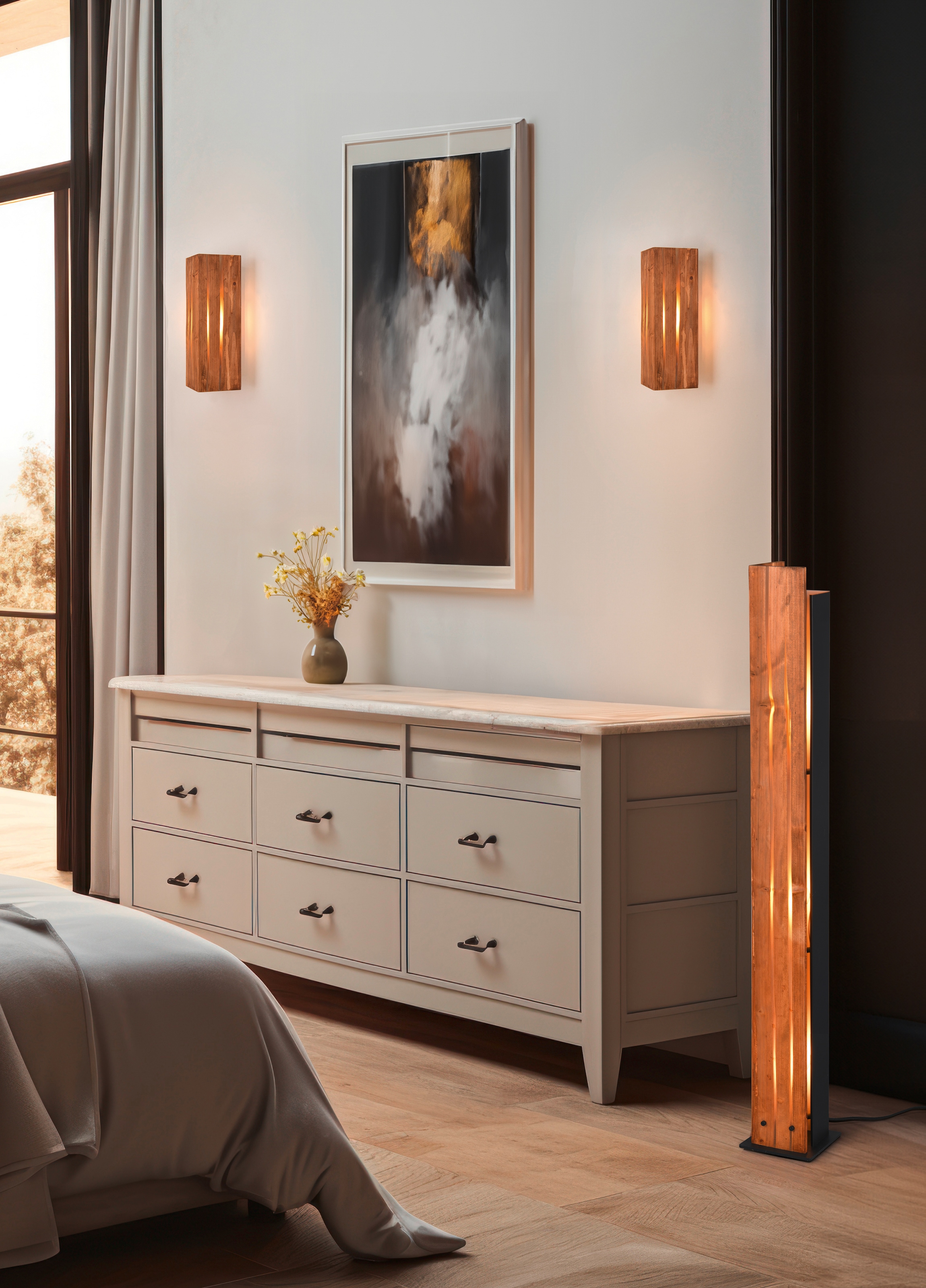 TRIO Leuchten Stehlampe »KARUNI, Stehleuchte aus Metall + Holz naturbelassen, indirektes Licht« E27 1 Stk. warmweiß - kaltweiß exkl 3x E27 max 10W, Höhe 121 cm Holz Stehleuchte Wohnzimmer