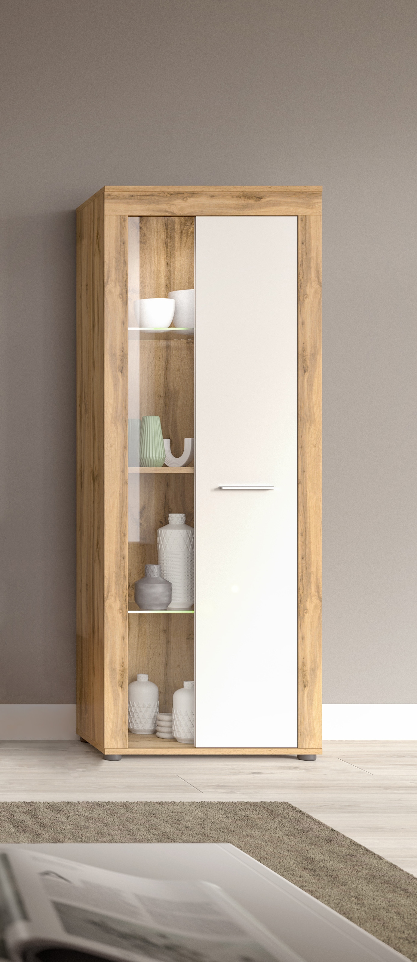 OTTO home, Vitrine »AOSTA, Höhe 159 cm, 1 Tür (li/re), 2 Glasböden, 4 Fächer« in verschiedenen Farbausführungen, individuell kombinierbar, 