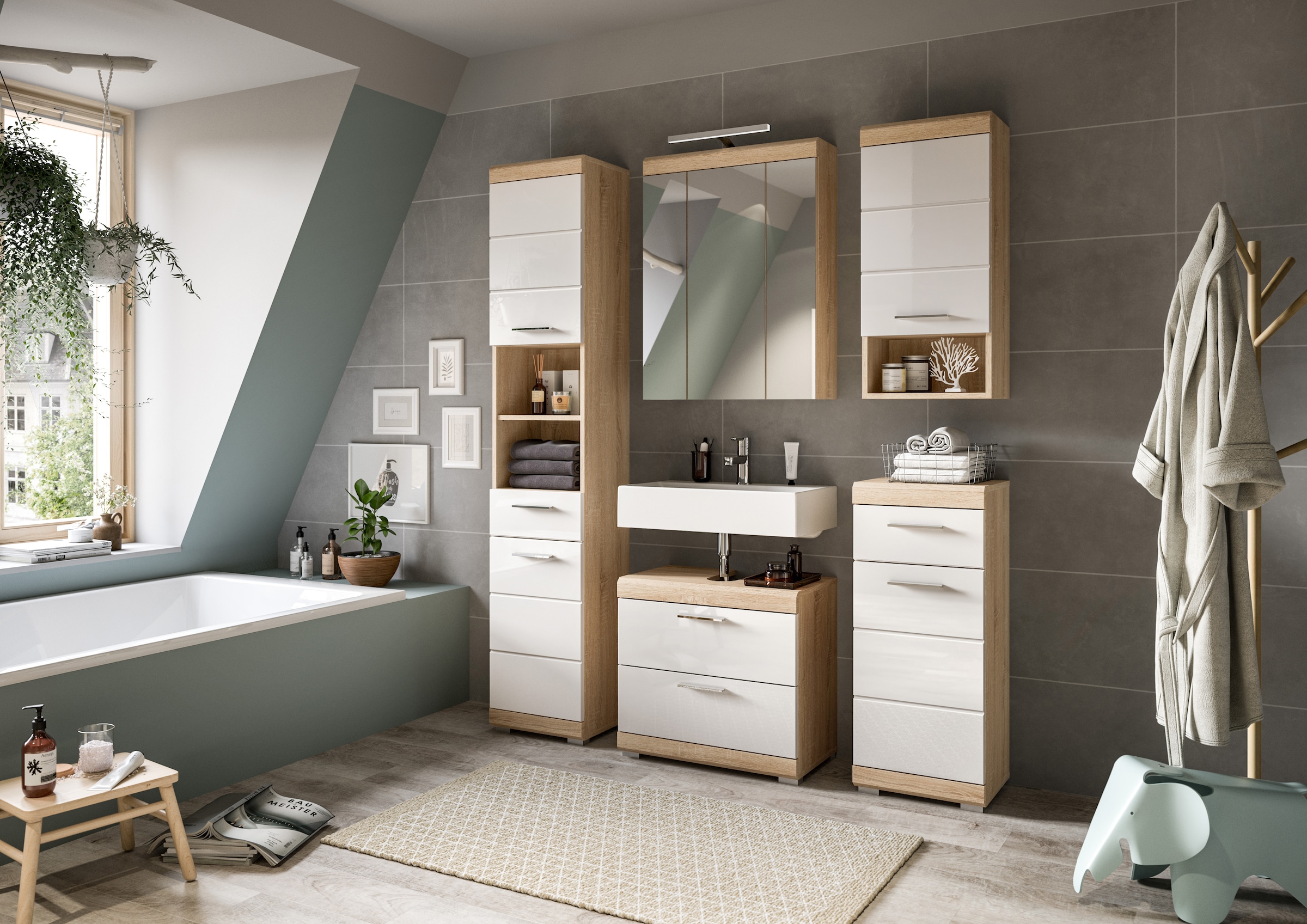 INOSIGN Badmöbel-Set »Siena, 2 teilig, inklusive LED Beleuchtung, bestehend aus:«, (Set), Waschbeckenunterschrank, Spiegelschrank, LED Badaufsatzleuchte