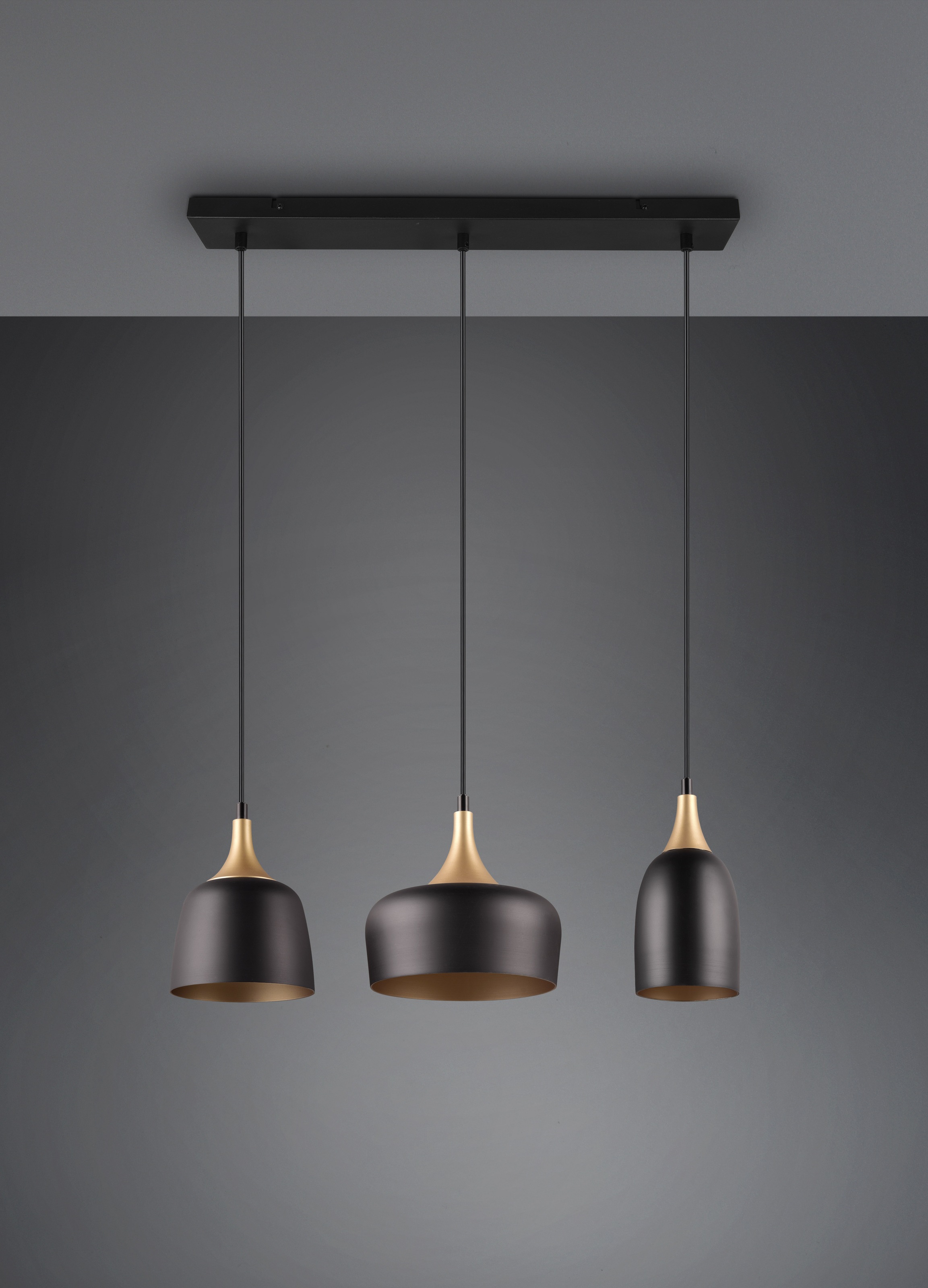 TRIO Leuchten Pendelleuchte »CHIRAZ, Hängeleuchte 3-flammig schwarz messing gold max 150cm Höhe«, 3 flammig, Leuchtmittel E14 | Leuchtmittel wechselbar, Hängelampe exkl 3x E14 max 25W, Industrie Loft Stil 3 Schirmformen