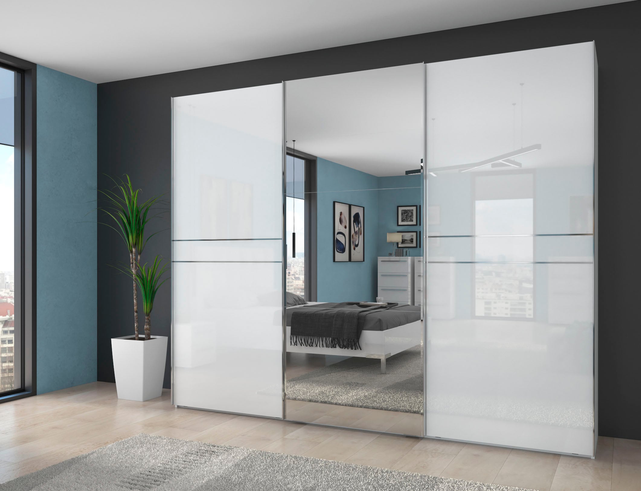 Places of Style Schwebetürenschrank »Piano, mit Einlegeböden und Kleiderstangen, Türen soft-close-Funktion«, (in 3 Breiten, 224cm hoch), mit Spiegeltür, FSC-zertifizierter Holzwerkstoff