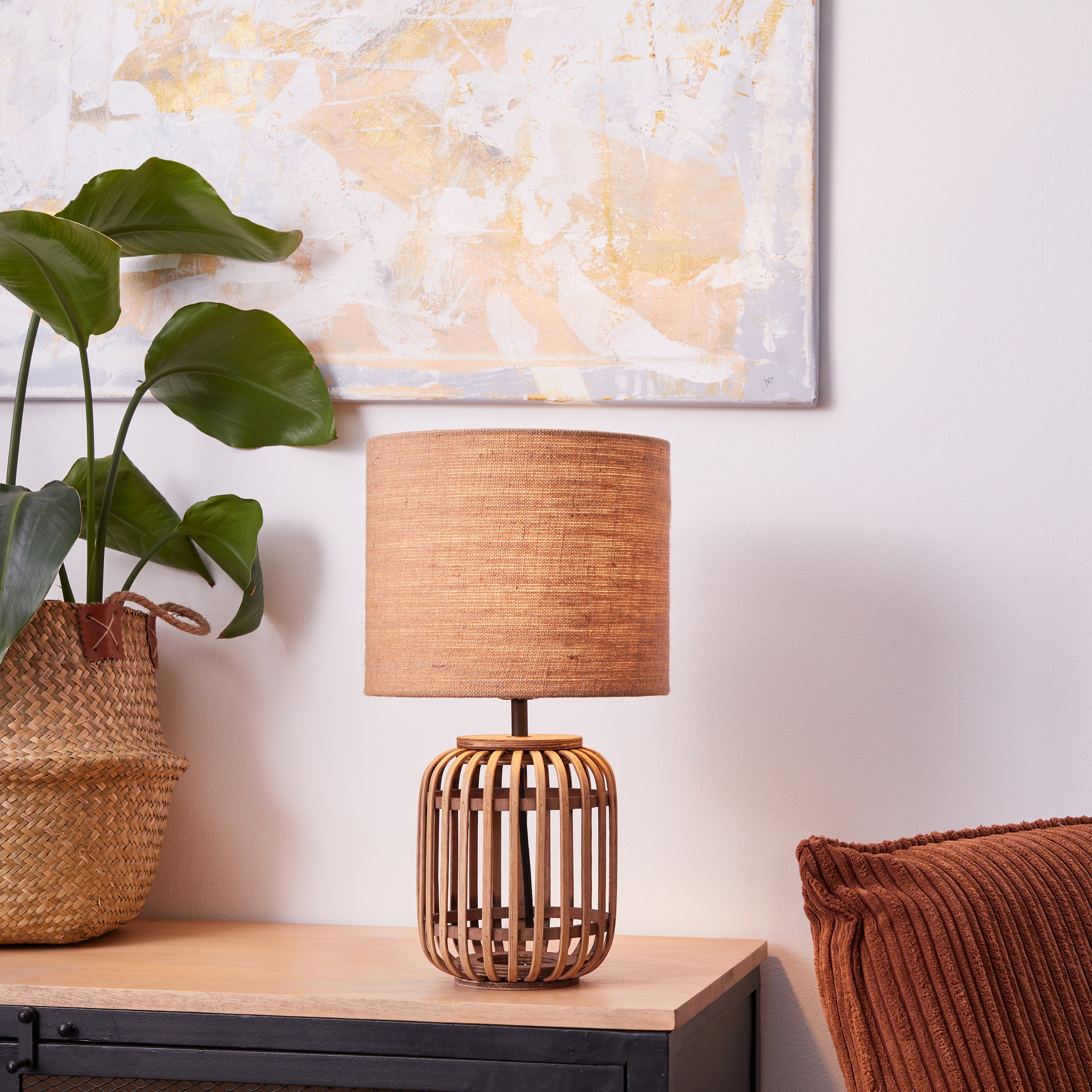 Brilliant Tischleuchte »Woodrow«, 1 flammig, Leuchtmittel E27 | ohne Leuchtmittel, Nature Stil, 42,5 cm Höhe, Ø 24 cm, E27, Bambus/Textil/Metall, braun