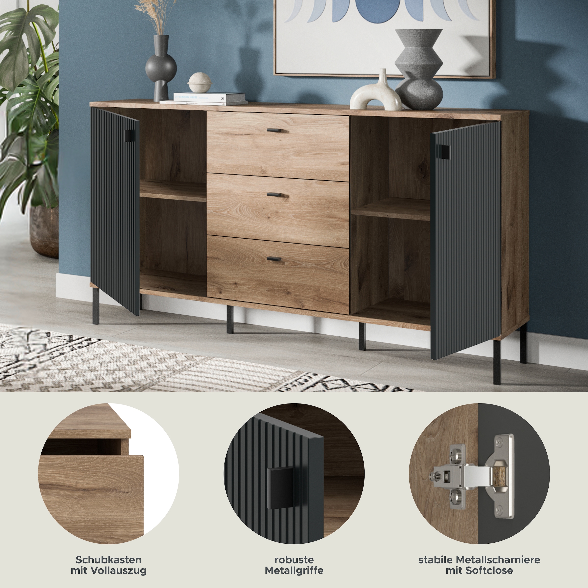 INOSIGN Sideboard »TREVERK, Breite: 154 cm, hochwertige MDF-Front schwarz tiefzieh« 1 Stk. tlg. Sideboard, Wohnzimmer, Esszimmer