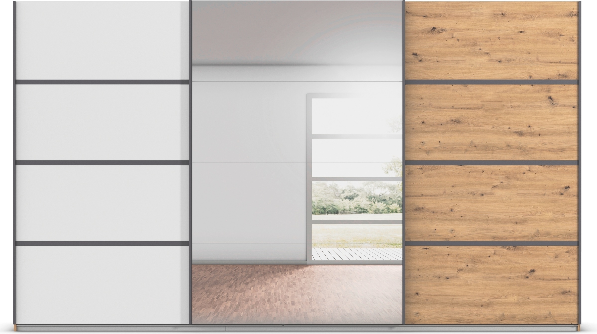 rauch Kleiderschrank »Schwebetürenschrank OTTO´s Choice Garderobe Schrank TOP ANGEBOT Avola«, (in 3 verschiedenen Ausstattungen BASIC/CLASSIC/PREMIUM inkl. Spiegel), mit eleganten Zierleisten in Chrom, Schwarz oder Weiß MADE IN GERMANY
