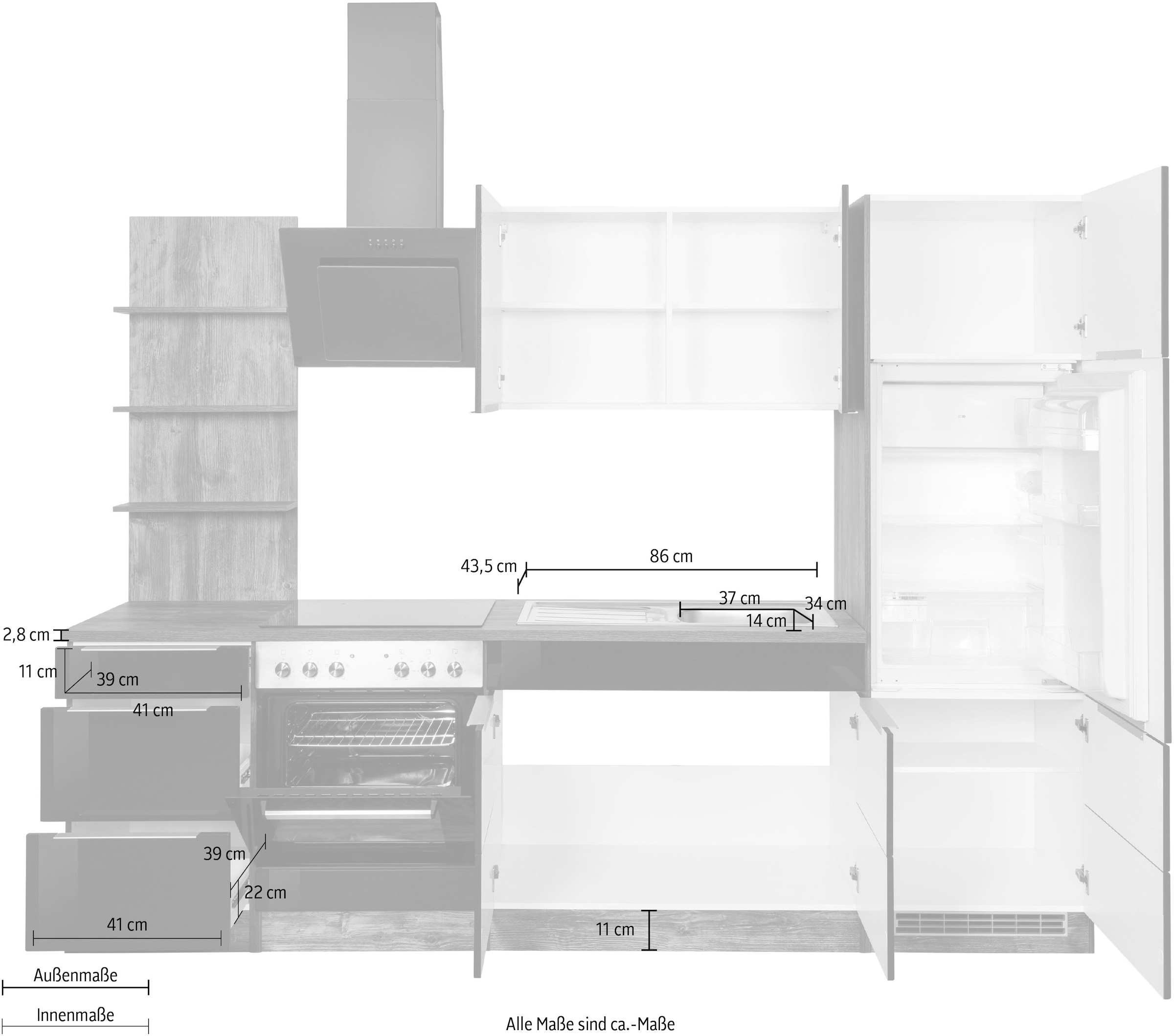 KOCHSTATION Küchenzeile »KS-Brindisi«, Breite 270 cm, wahlweise mit E-Geräten, mit MDF-Fronten und Regal