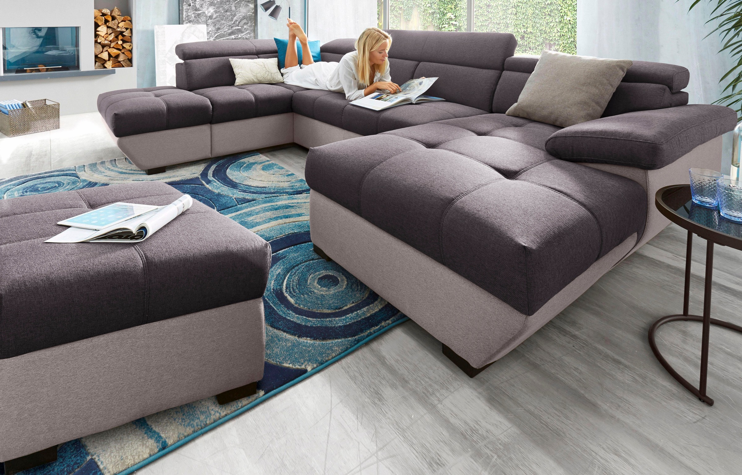 COTTA Polstergarnitur »Speedway U-Form«, (Set), Set bestehend aus: Wohnlandschaft mit Kopfteilverstellung & Hocker