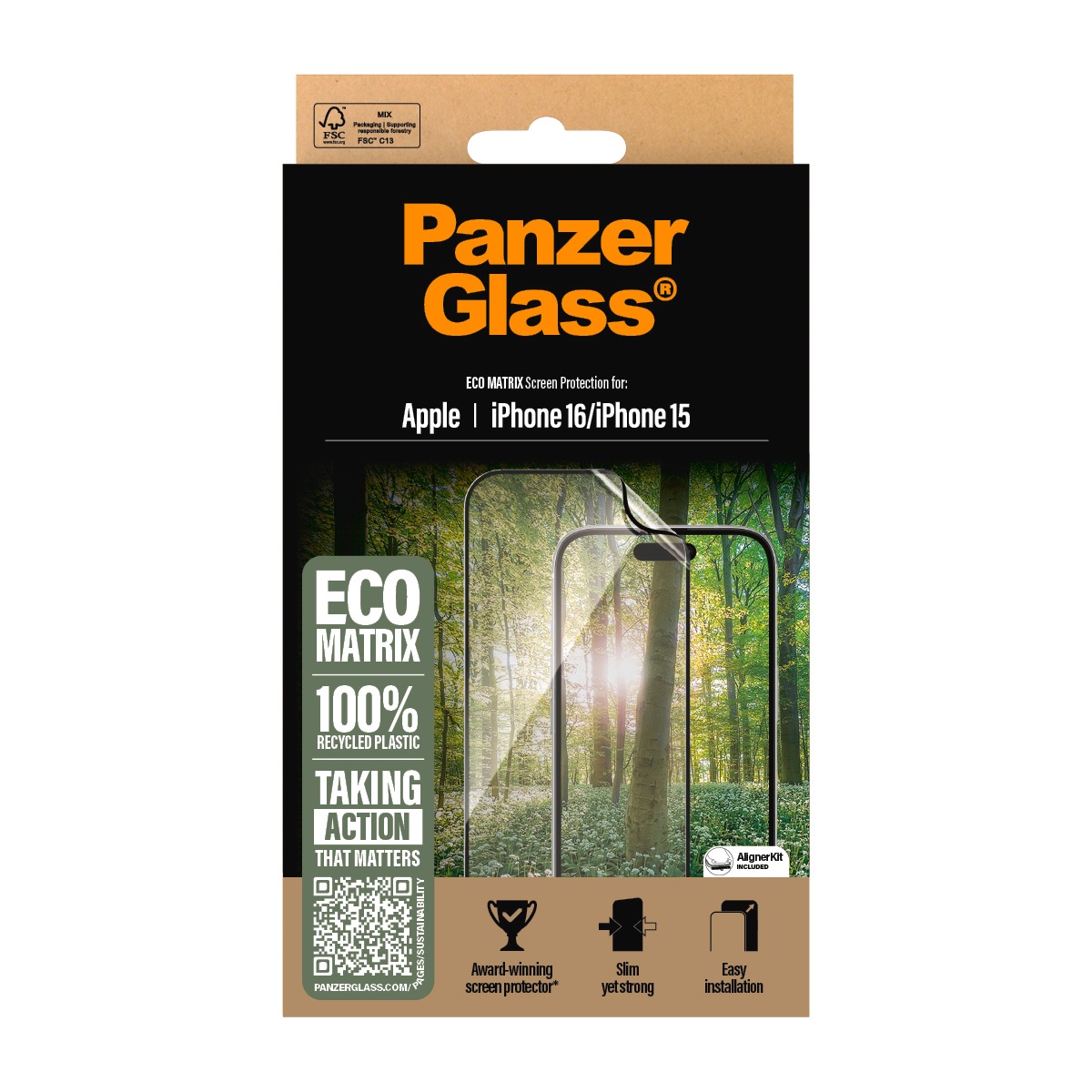 PanzerGlass Displayschutzfolie »ECO MATRIX Screen Protection«, für Apple iPhone 16-Apple iPhone 15, Displayschutz, Schutzfolie, Bildschirmschutz, kratz- & stoßfest