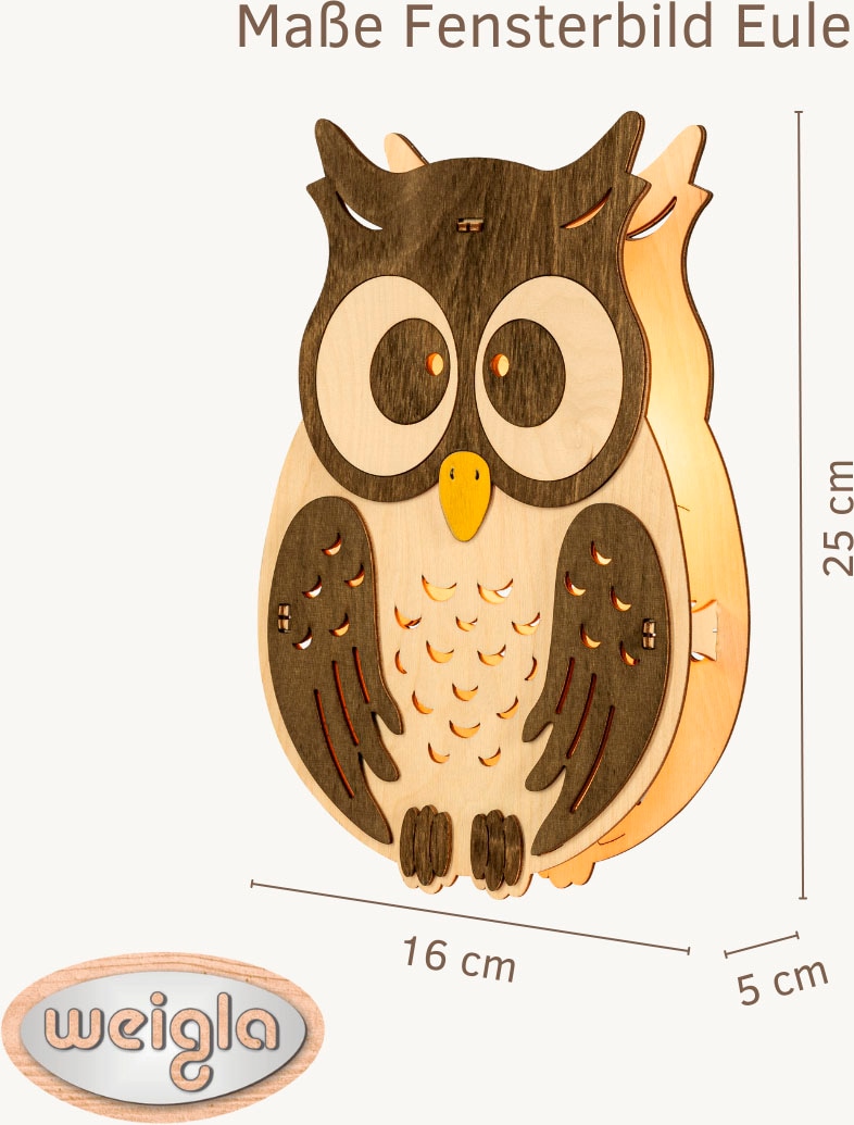 Weigla Beleuchtetes Fensterbild »Eule, Fensterdekoration aus Holz, NATUR-BRAUN, Made in Germany« Erzgebirge garantiert, Herbstdeko Innen Holz, Fensterbeleuchtung