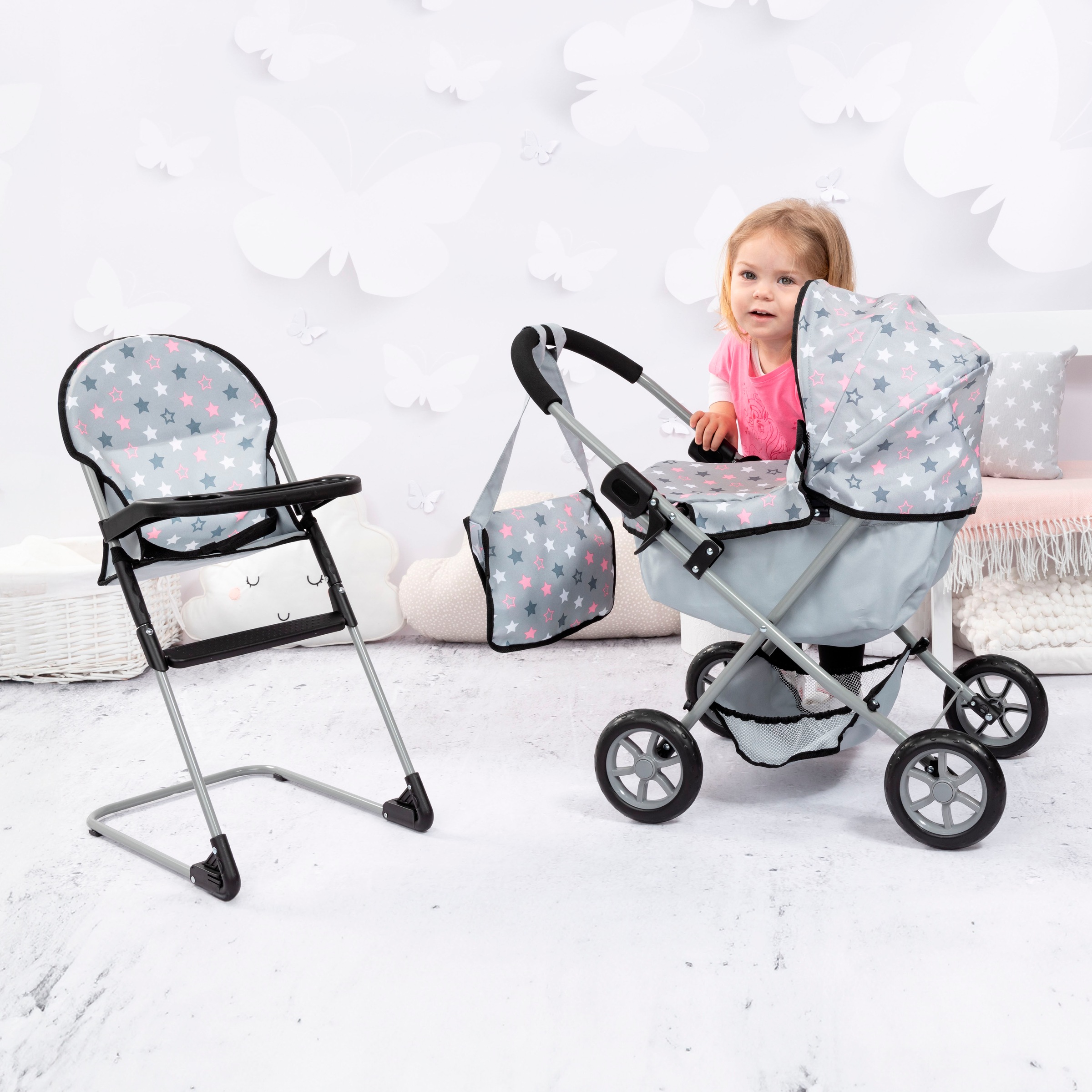 Bayer Puppenwagen »Cosy Set, grau«, mit Puppenhochstuhl und Wickeltasche