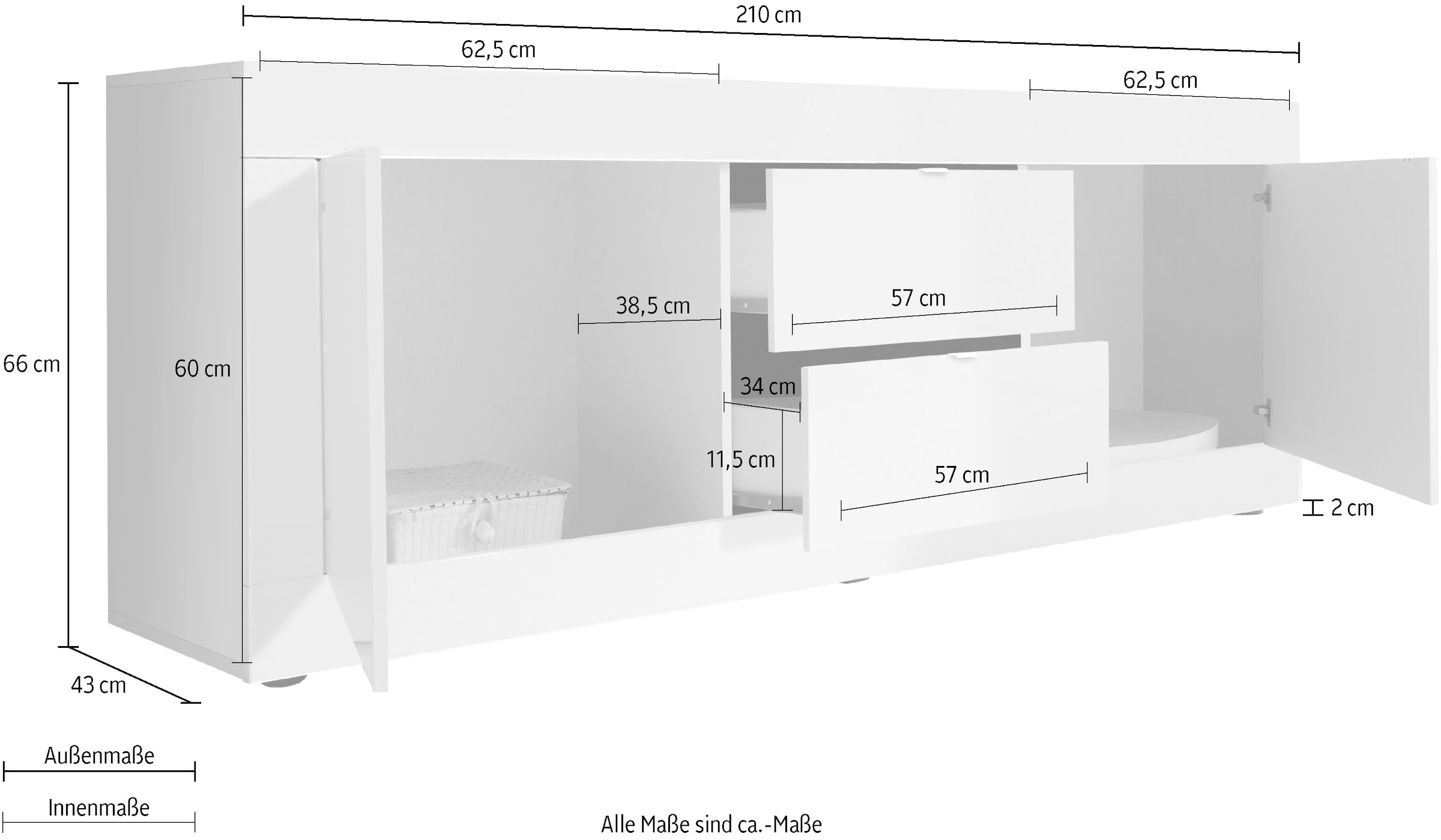 LC Lowboard »Basic Breite 210 cm, TV-Board 2 Türen, 2 Schubkästen, TV-Schrank«, Metallgriff, moderne Rahmenoptik, viel Stauraum, Farbauswahl
