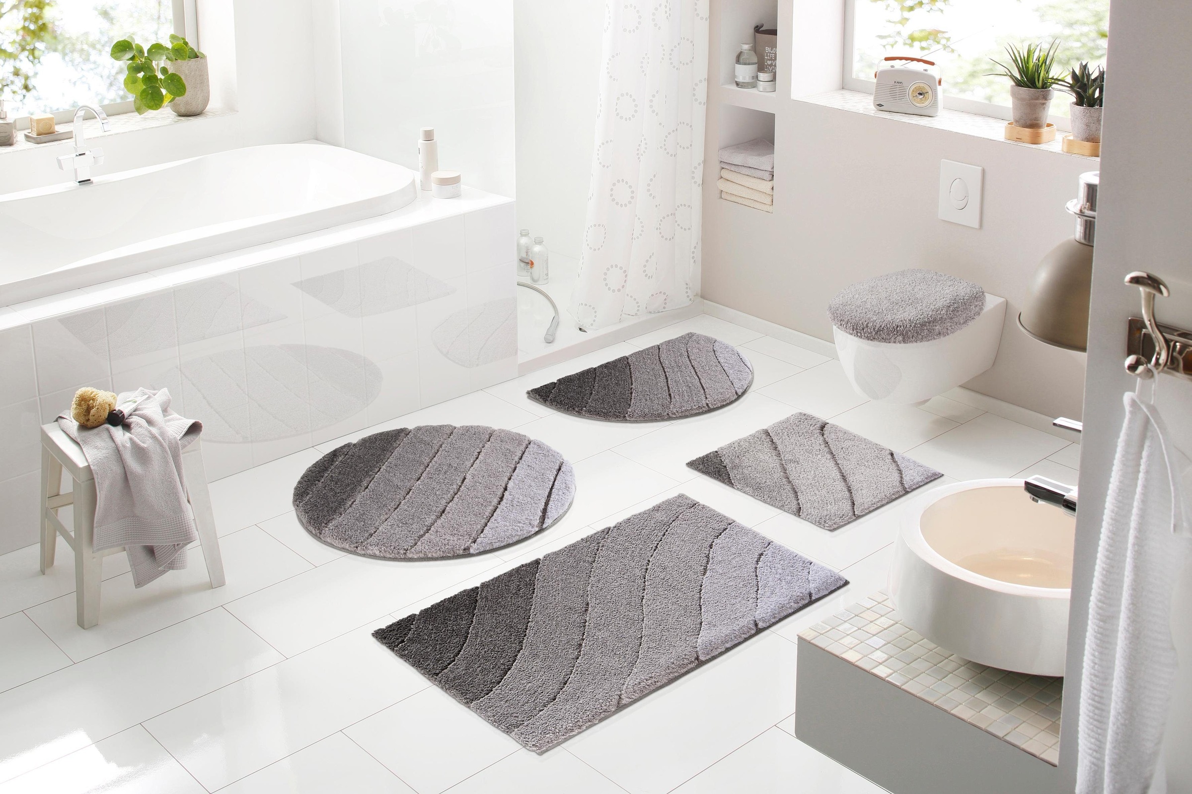 Kleine Wolke Badematte »Donna«, rutschhemmend beschichtet, fußbodenheizungsgeeignet-schnell trocknend, Wellen Design, Pastell, 3-tlg. Set, rechteckig & rund erhältlich