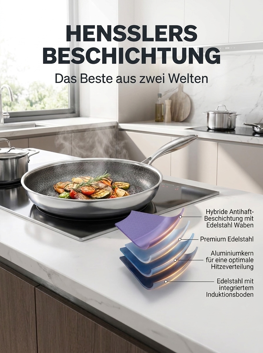 HENSSLERS Wok Edelstahl 1 tlg. 3-Schicht Materia, Wabenstruktur und Antihaftbeschichtung, Induktion