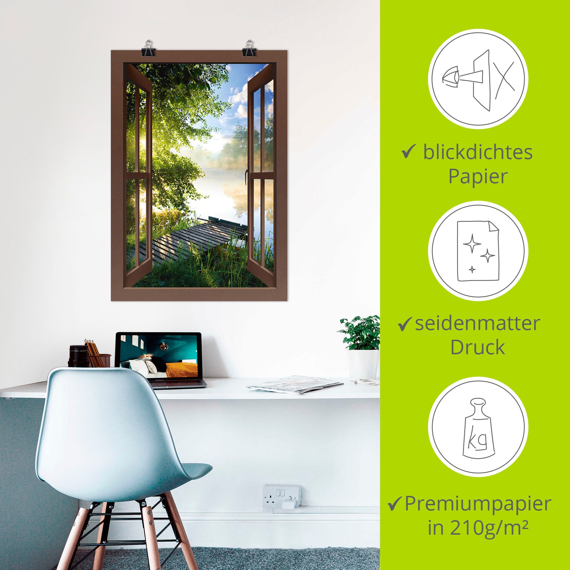 Artland Wandbild »Fensterblick Angelsteg am Fluss«, Fensterblick, (1 St.), als Alubild, Outdoorbild, Leinwandbild, Poster, Wandaufkleber