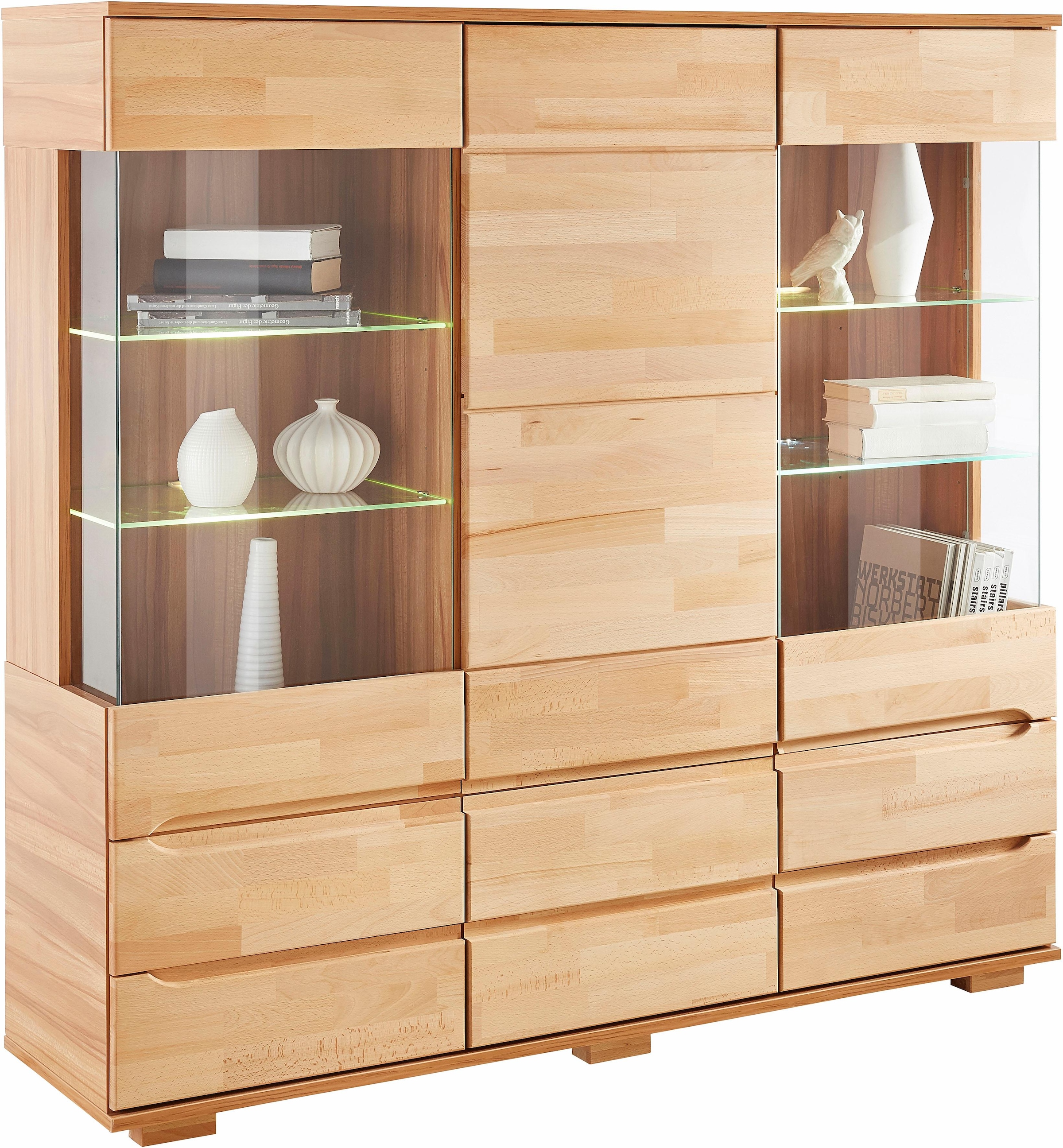 Home affaire Highboard »Vetro,150cm breit,40 cm tief,Fronten Massivholz,9 Fächer«, Kernbuche massiv, Holzwerkstoff, 3Türen,6 Schubladen, Griffmulden
