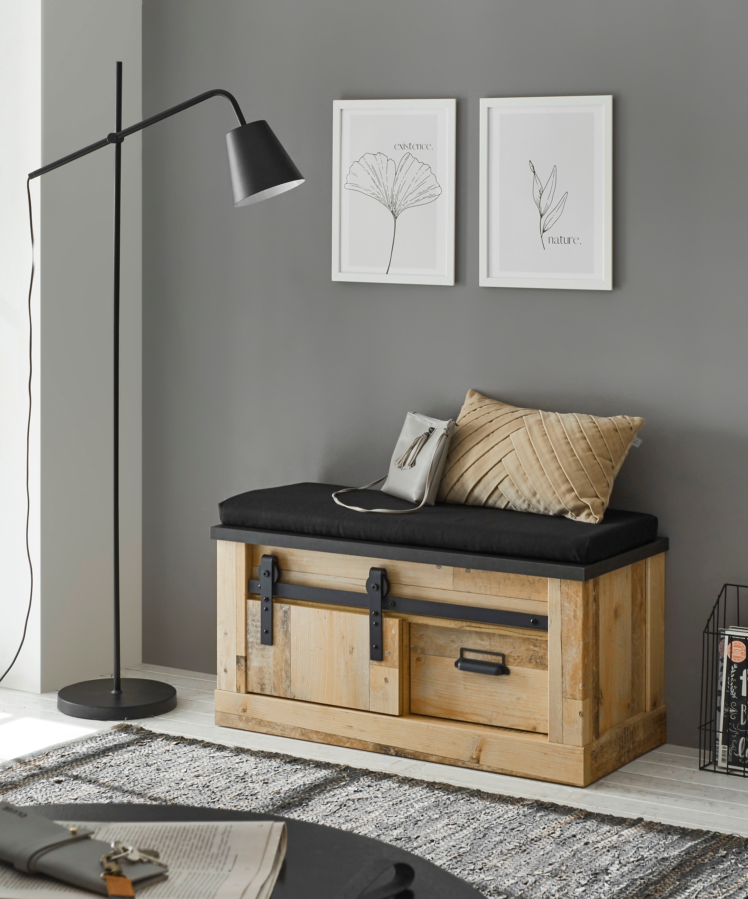 Home affaire Sitzbank »SHERWOOD«, modernes Holz Dekor, mit Scheunentorbeschlag aus Metall, Breite 93 cm