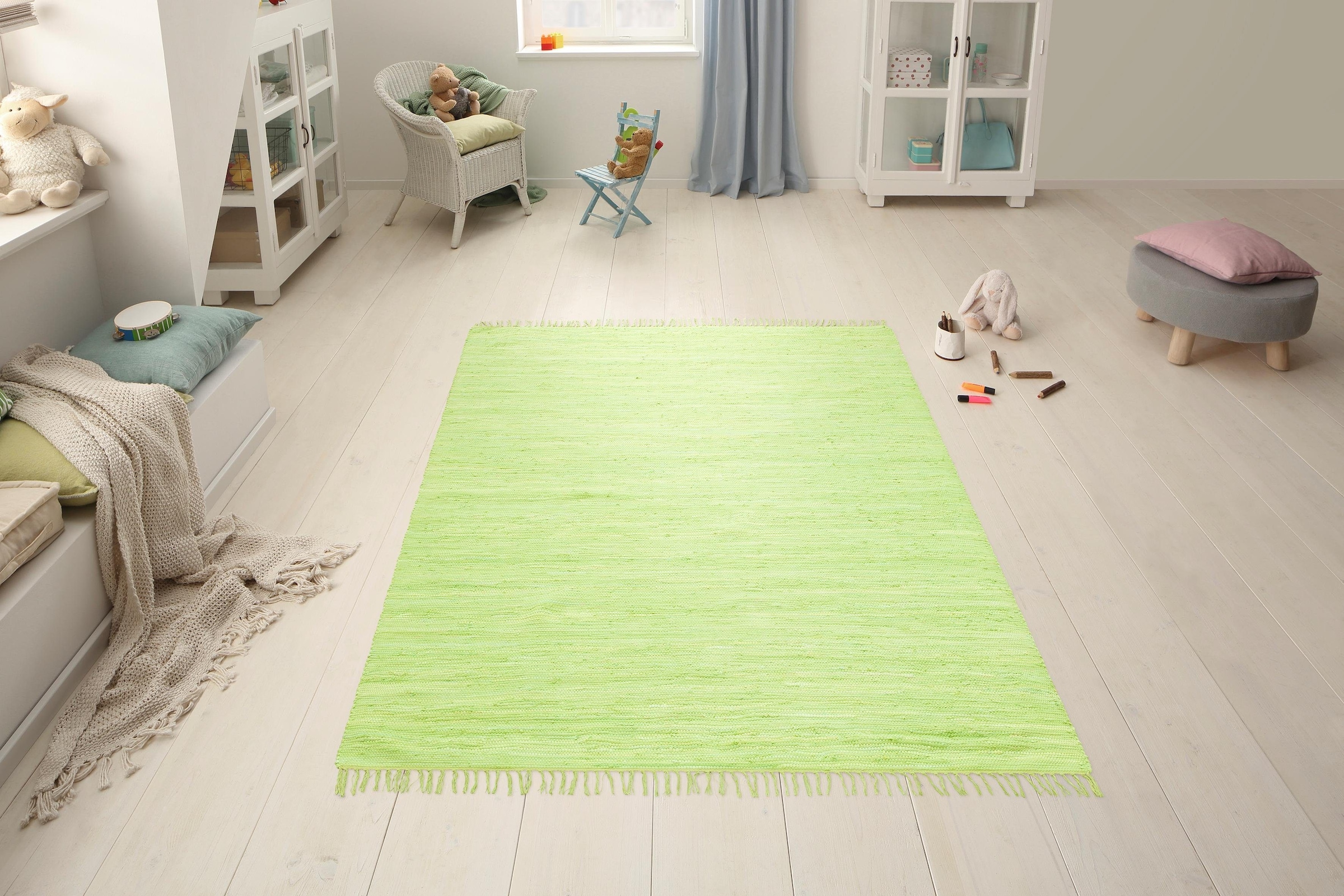 OTTO home Teppich »Paul« rechteckig 5 mm Höhe Wendeteppich, Uni, handgewebt, mit Fransen, reine Baumwolle, Läufer