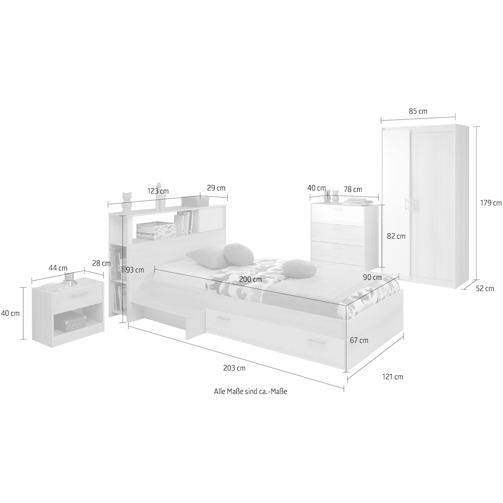 Parisot Jugendzimmer-Set »Charly 16«, (Set, 5 St., mit Anstellregal, Nachttisch, Kleiderschrank und Schubkastenkommode)