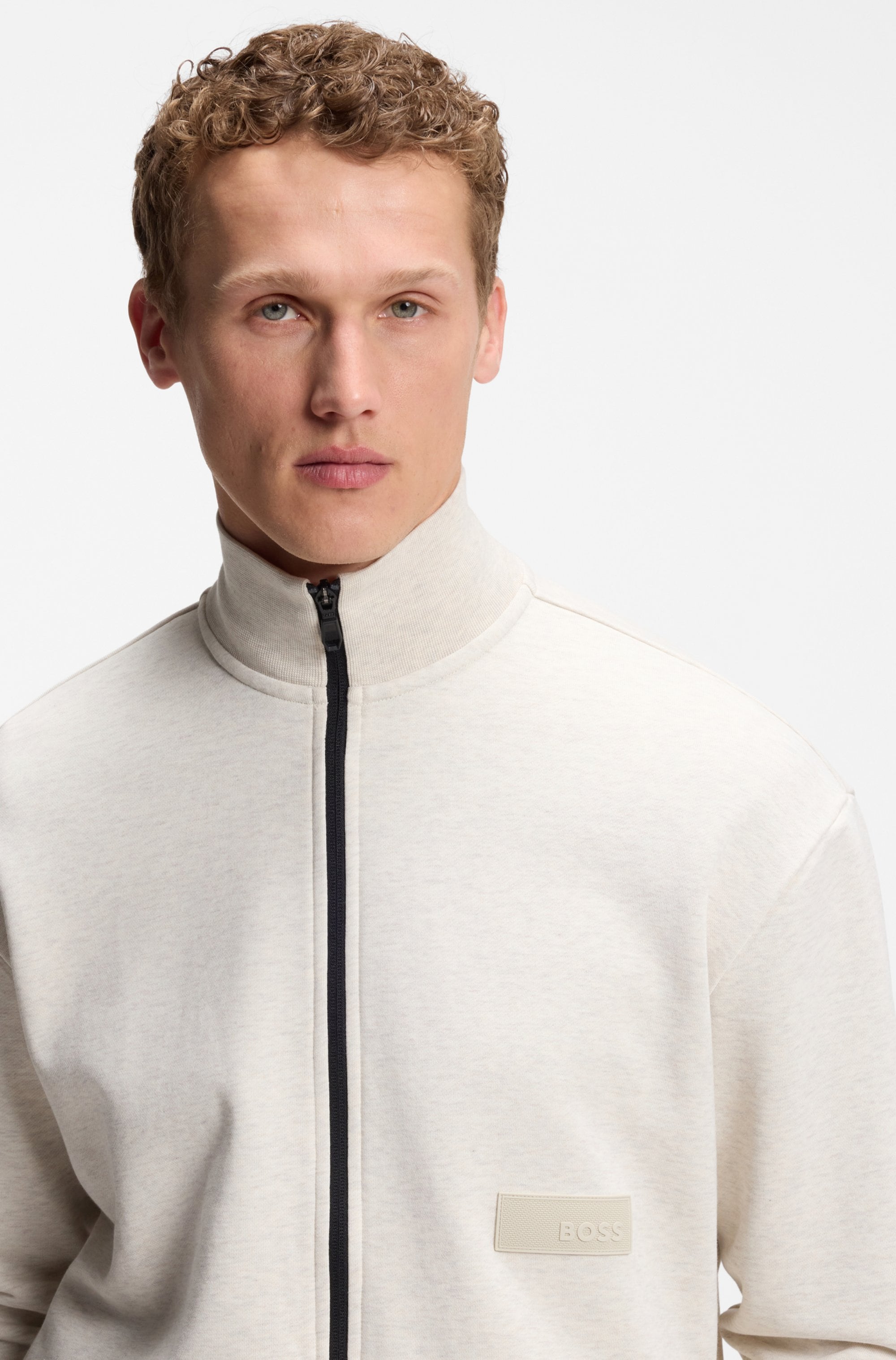 BOSS GREEN Sweatjacke Stehkragen, Relaxed Fit, Rippbündchen