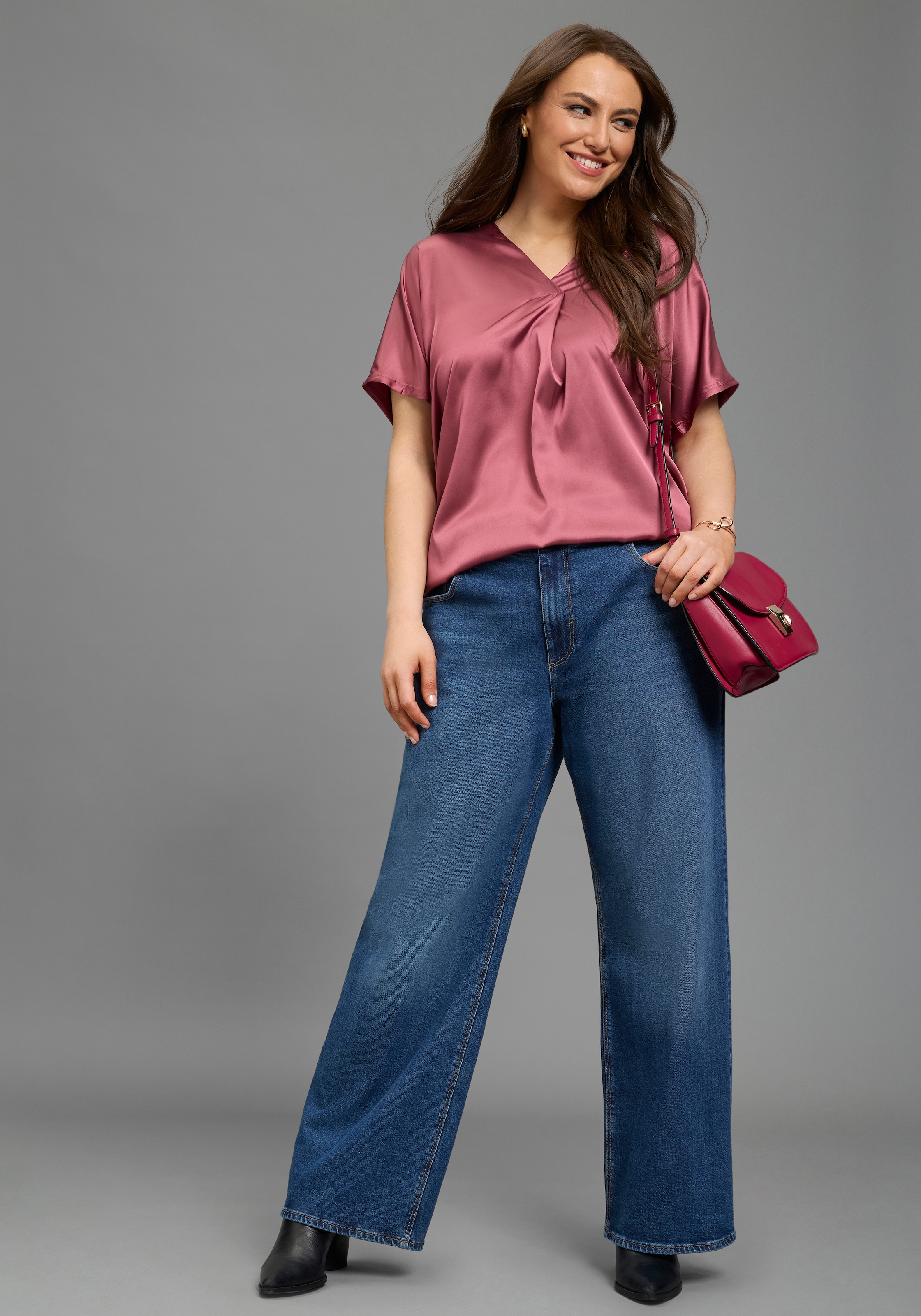 Laura Scott CURVE Satinbluse figurumspielende Passform, mit Falteneinsatz vorne, V-Ausschnitt