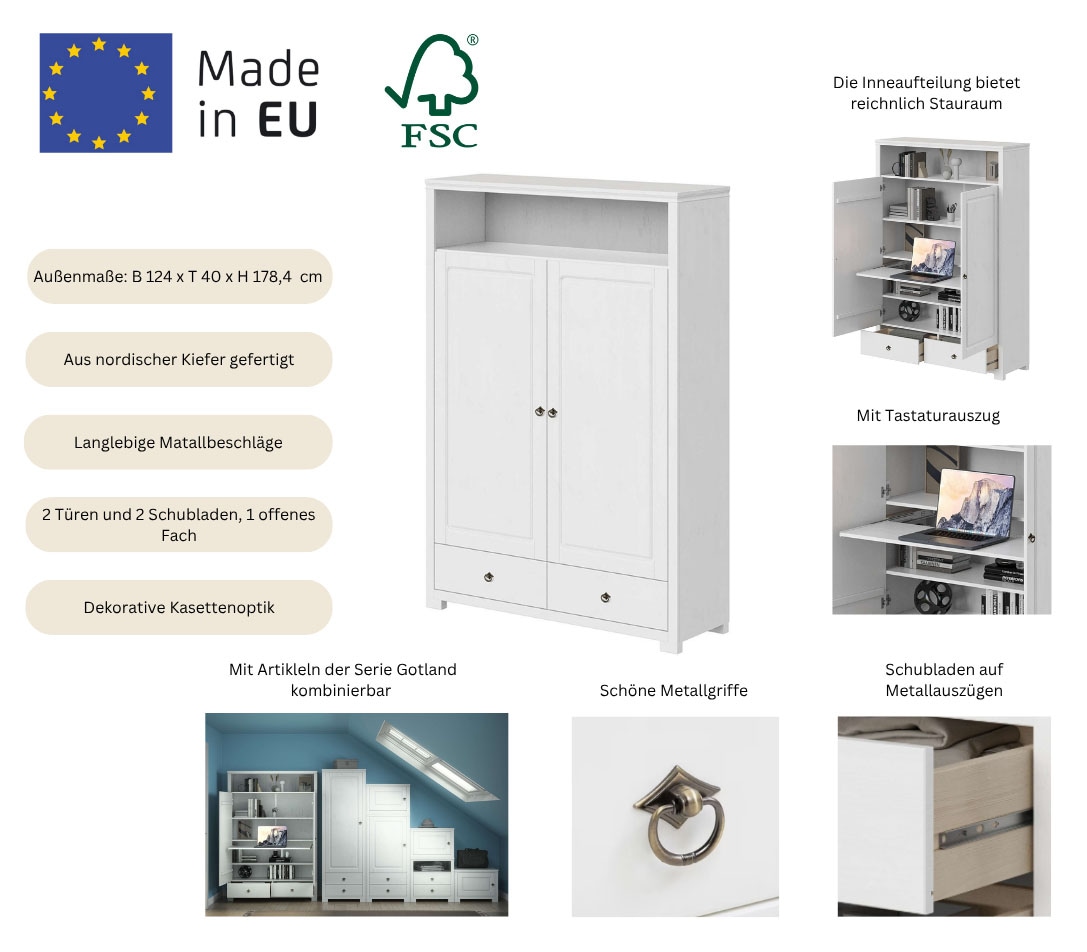 OTTO home Wäscheschrank »Clarius, Neuheit! Smarter ALLESKÖNNER, Mehrzweckschrank, Büroschrank«, (H/B/T ca. 180/125/40cm), mit Ausziehregal, Schublade, stabil + langlebig, Massivholz made in EU