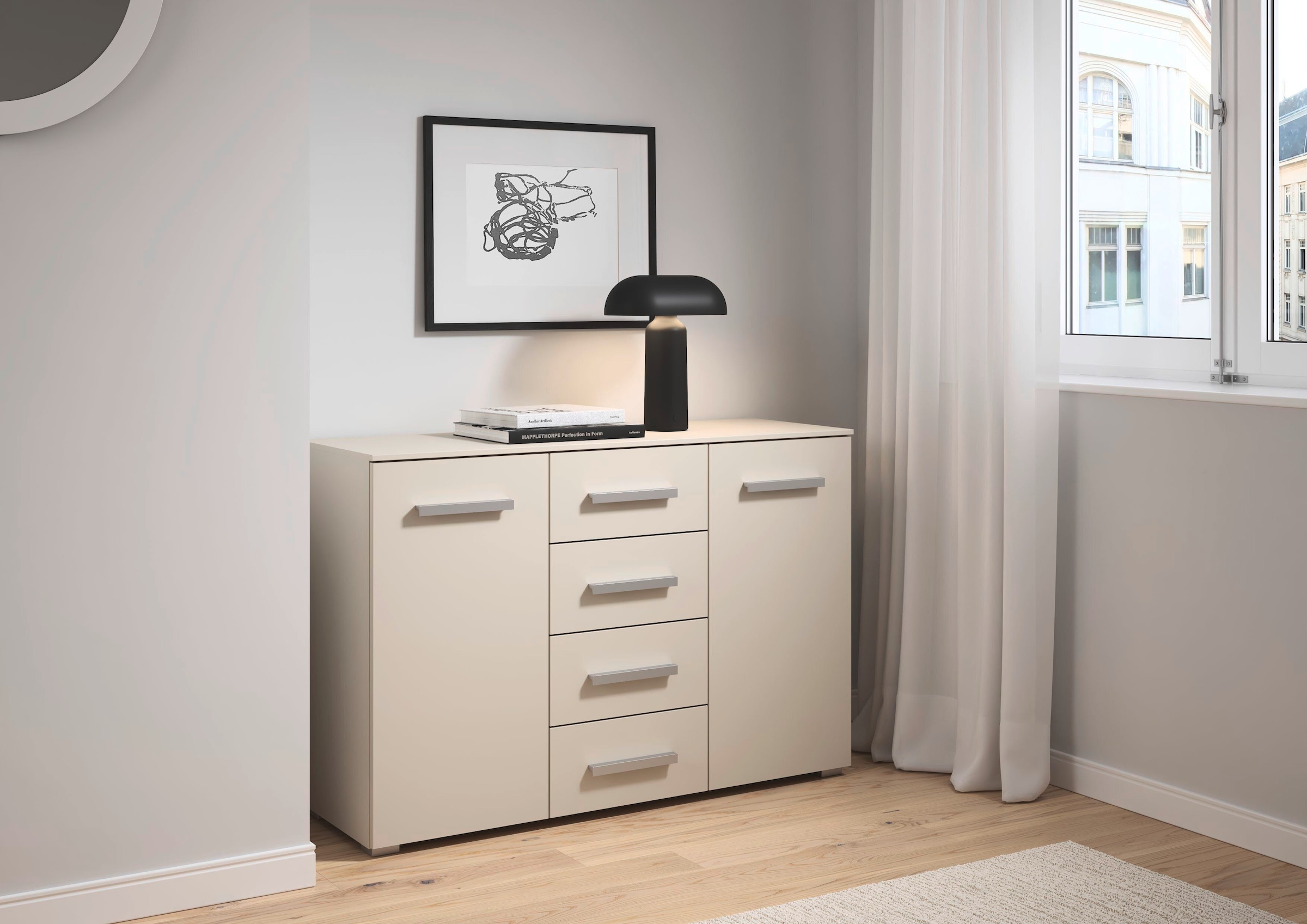 rauch Schubkastenkommode »Sideboard Kommode Kombikommode KOLUNA mit Dekorfront«, (Breite 120 cm), vier große Schubladen, mit insgesamt 4 Einlegeböden MADE IN GERMANY