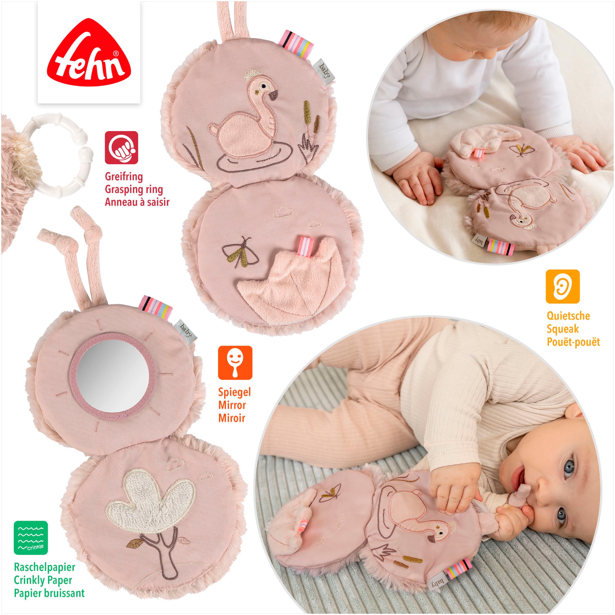 Fehn Greifspielzeug »Lazy, Crazy & Pink, Stoffbuch Flamingo«