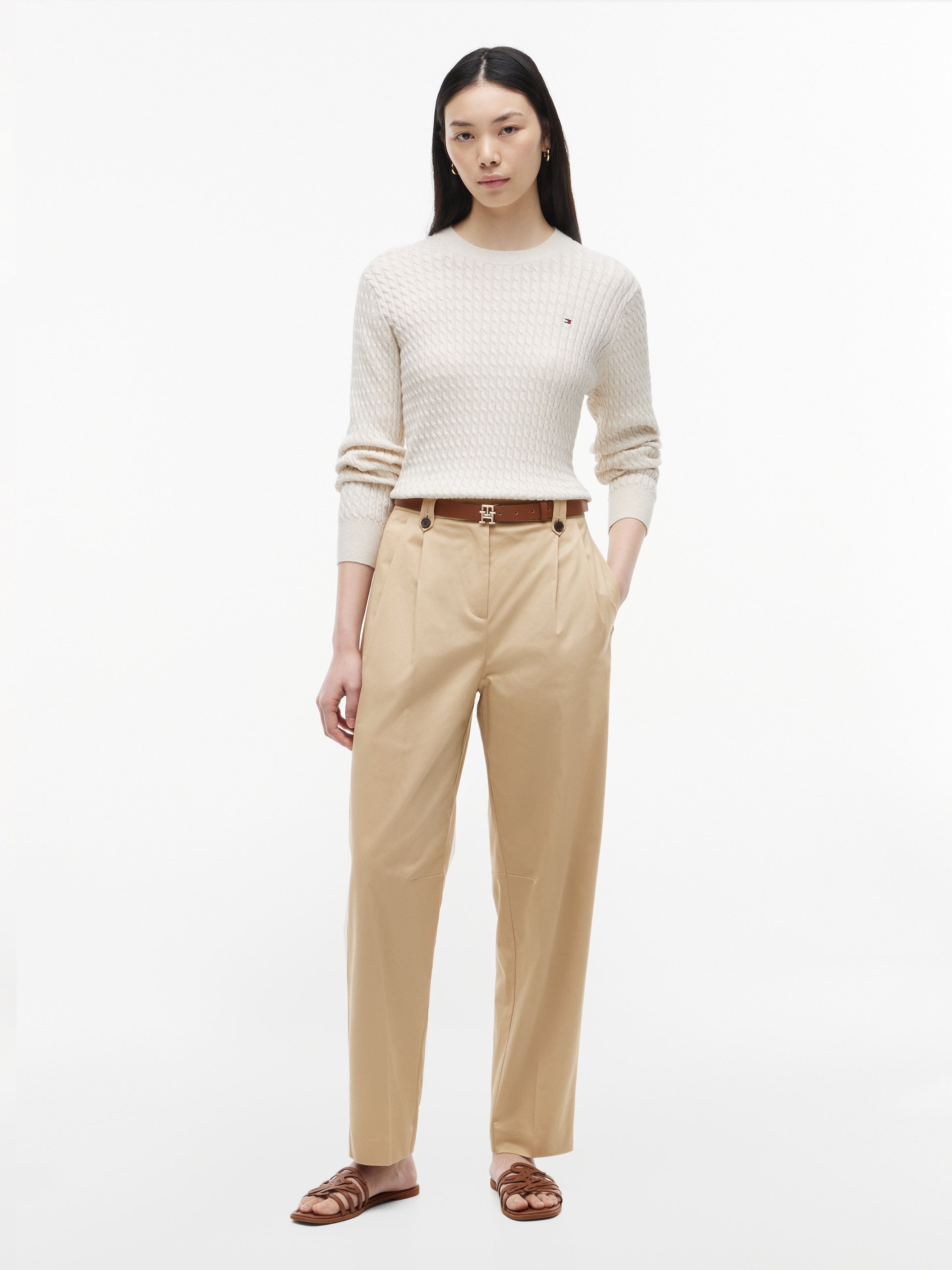 Tommy Hilfiger Rundhalspullover »CO CABLE C-NK LS SWEATER« Baumwolle, mit Zopfmuster, Regular Fit