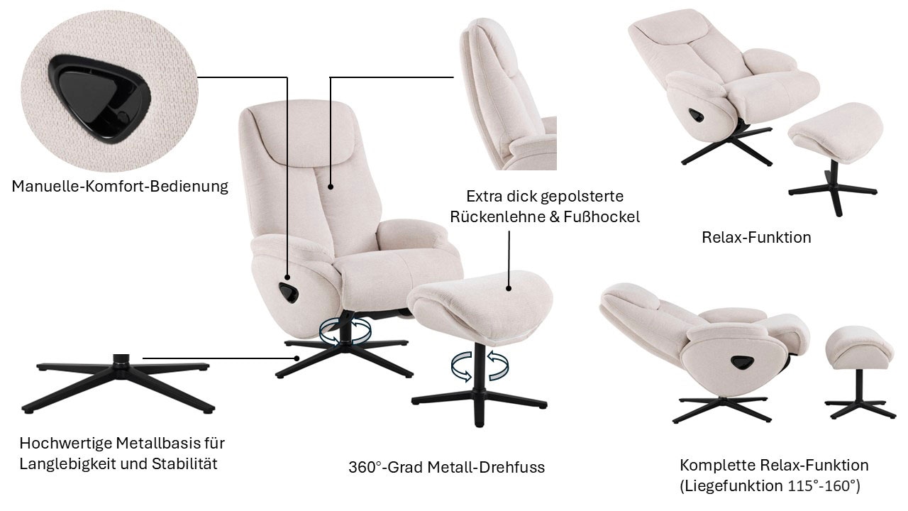 OTTO home Relaxsessel »Sessel SELLIA Relaxsessel, TV-Sessel mit Hocker,Drehsessel 360°« Verstellbare Neigung (115°-160°) für Relax- und Liegeposition