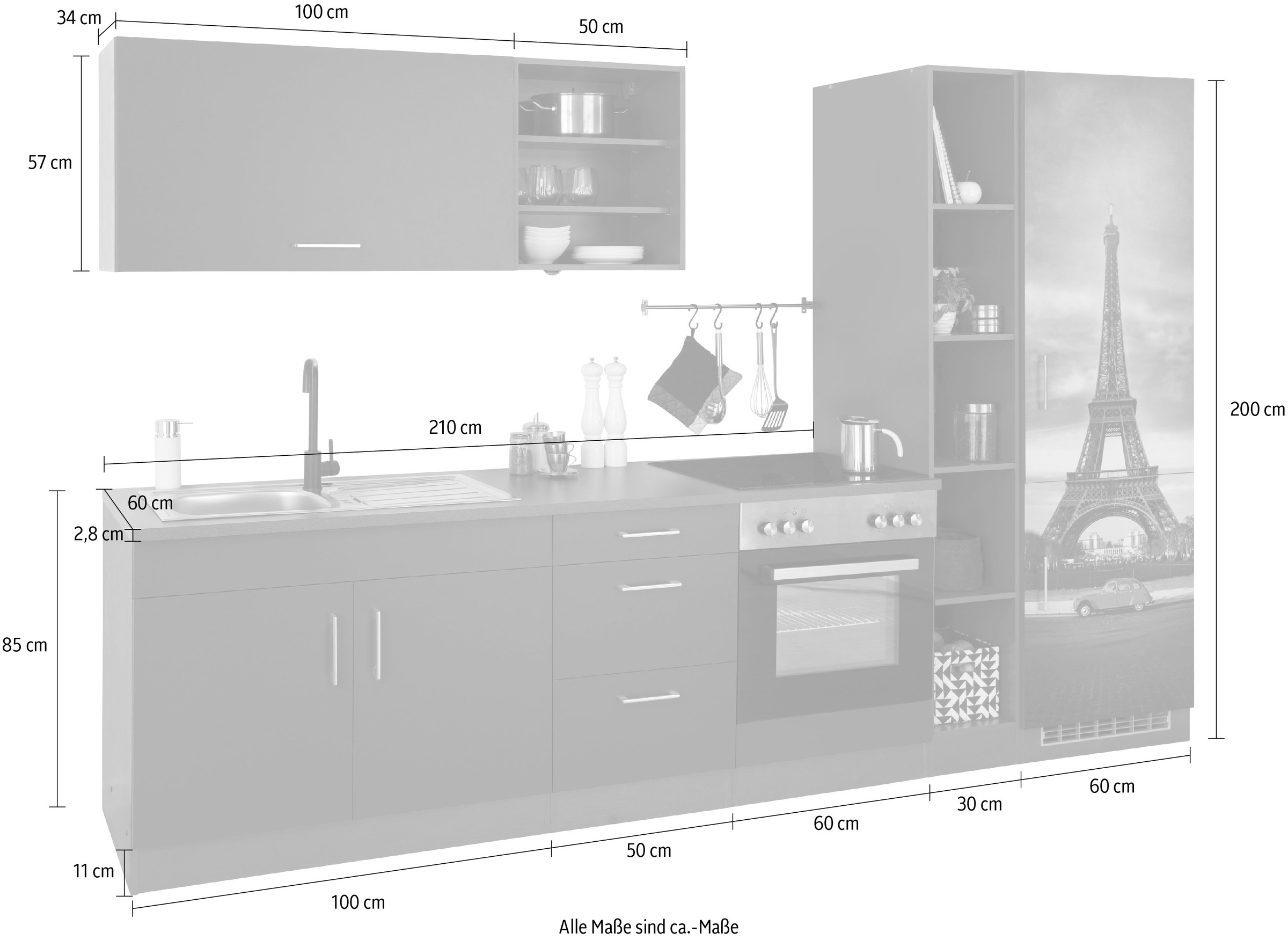 HELD MÖBEL Breite »Paris«, bequem Küchenzeile E-Geräte, ohne bestellen 300 cm