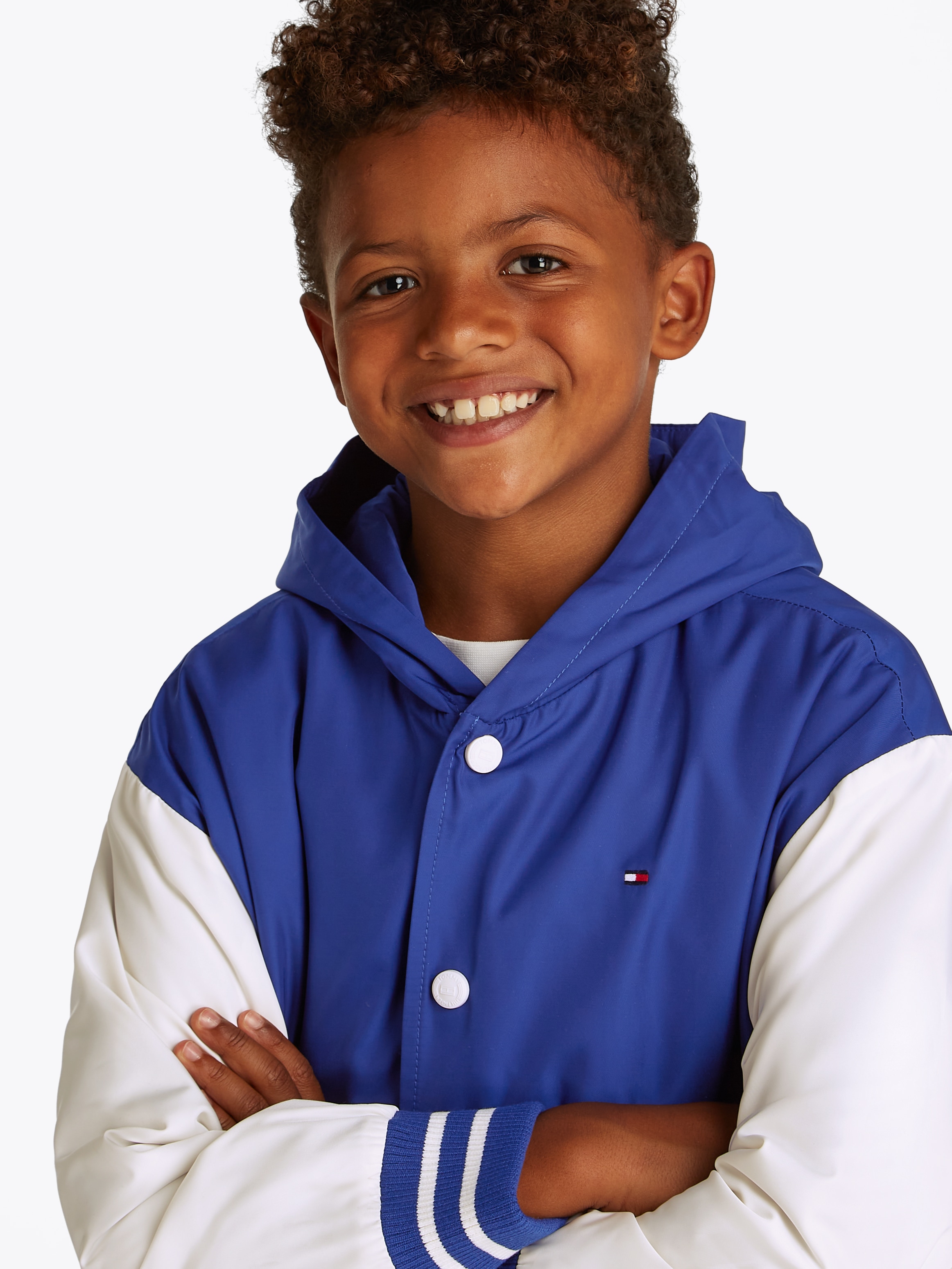 Tommy Hilfiger Bomberjacke »HOODED GRAPHIC BOMBER«, mit Kapuze, mit großem Logo, Kontrast-Streifen