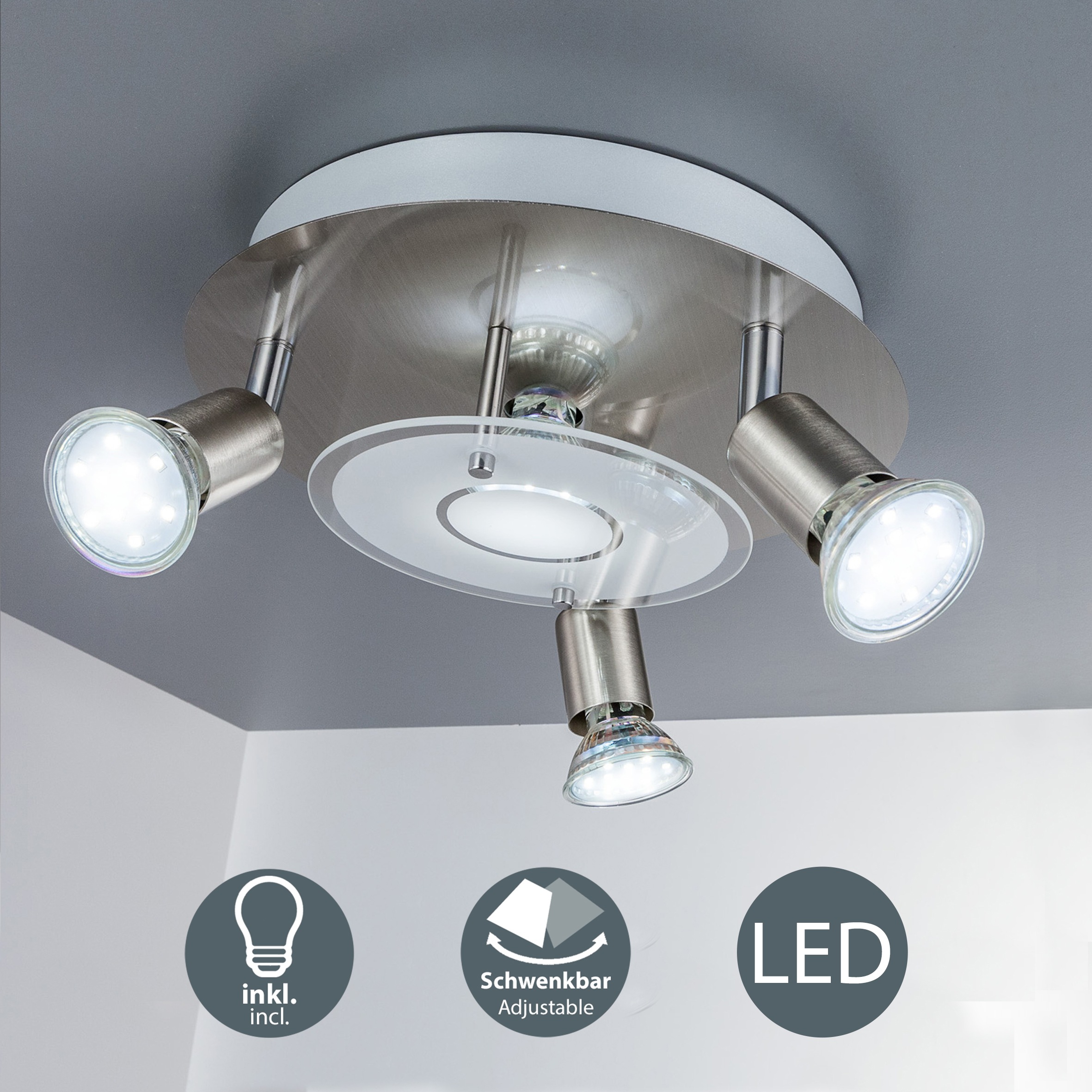 B.K.Licht LED Deckenstrahler, 4 flammig, Leuchtmittel GU10 | Leuchtmittel wechselbar, LED Deckenleuchte, rund, Metall, Glas, Strahler, GU10, inkl. 3W 250lm