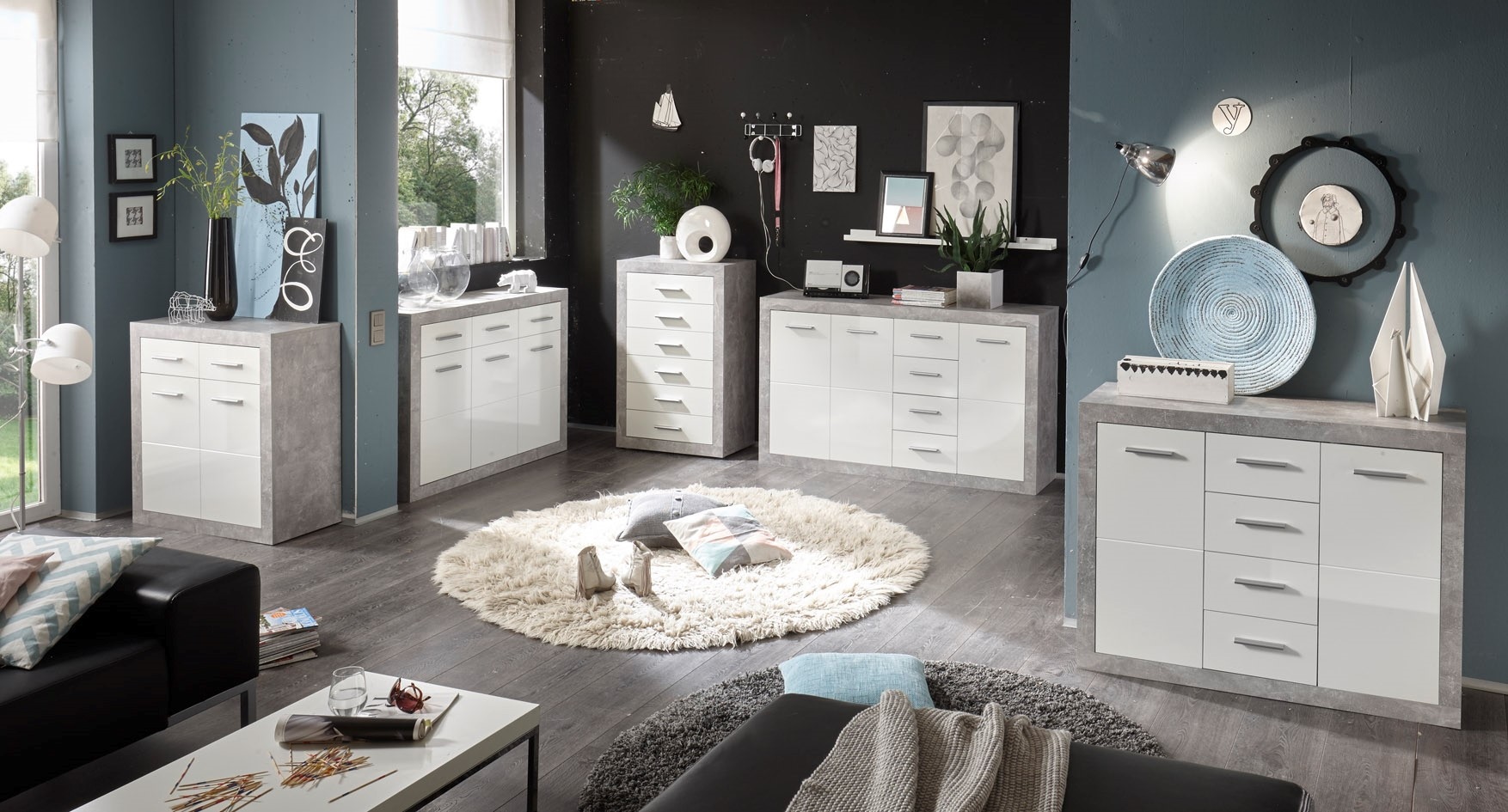 HBZ Kommode »Stone 2 weiß Glanz, BxHxT 117x88x37 cm«, Kommode mit 3 Türen, 3 Schubkästen, 2 Einlegeböden