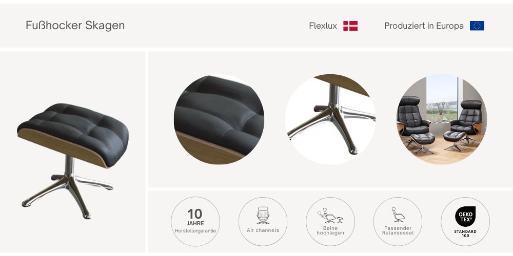 FLEXLUX Fußhocker »Skagen, Beinstütz für Entspannung, Premium-Komfort, Scandi design«, Gestell in Holzfurnier, Pflegeleichter Stoff oder Echtleder, Alufuß