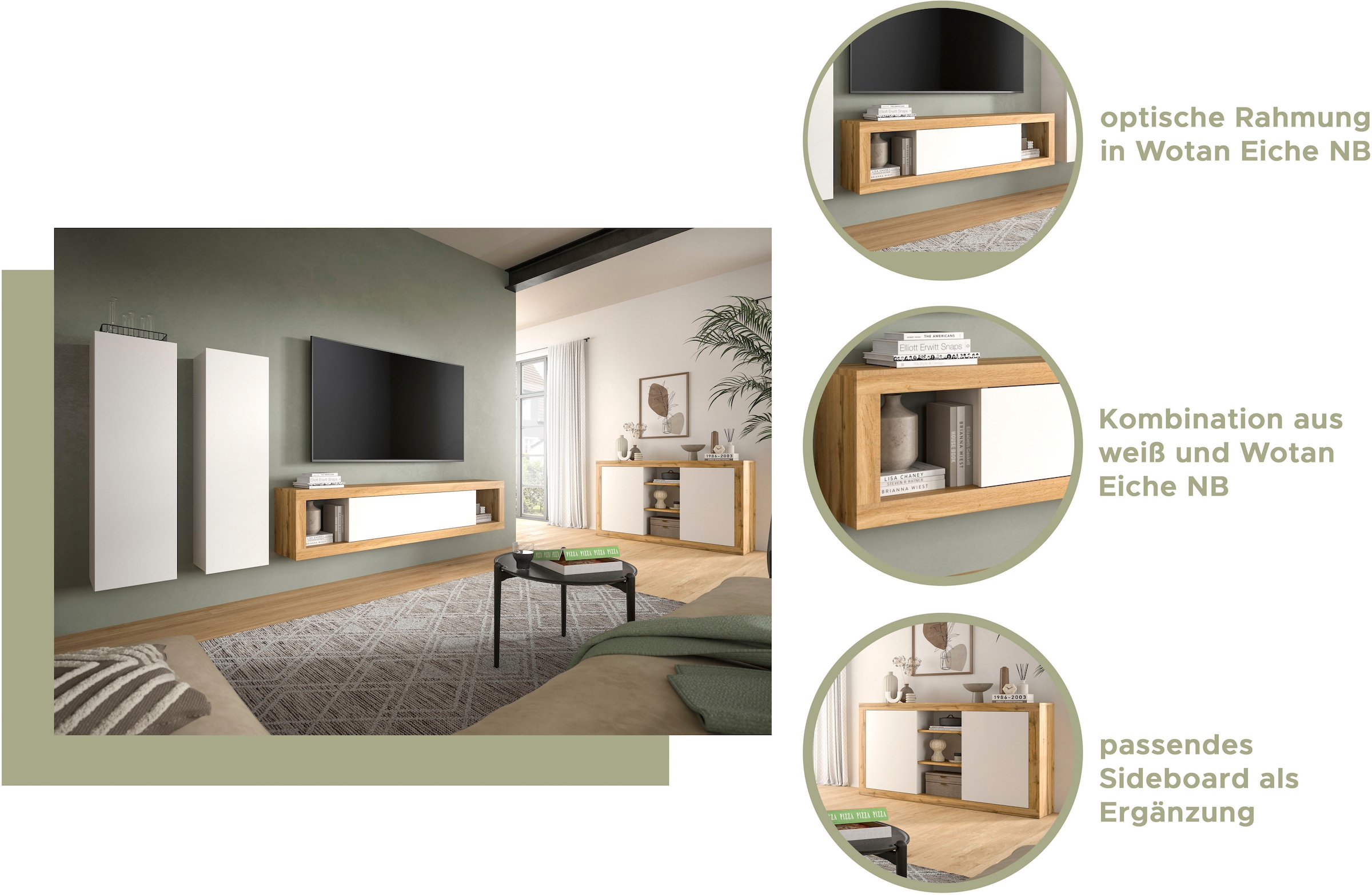INOSIGN Lowboard »Trinity, Breite 150 cm, stehend und hängend, 1 Klappe,«, 2 offene Fächer, grifflose Fronten, TV-Möbel, TV Schrank, Hängeschrank