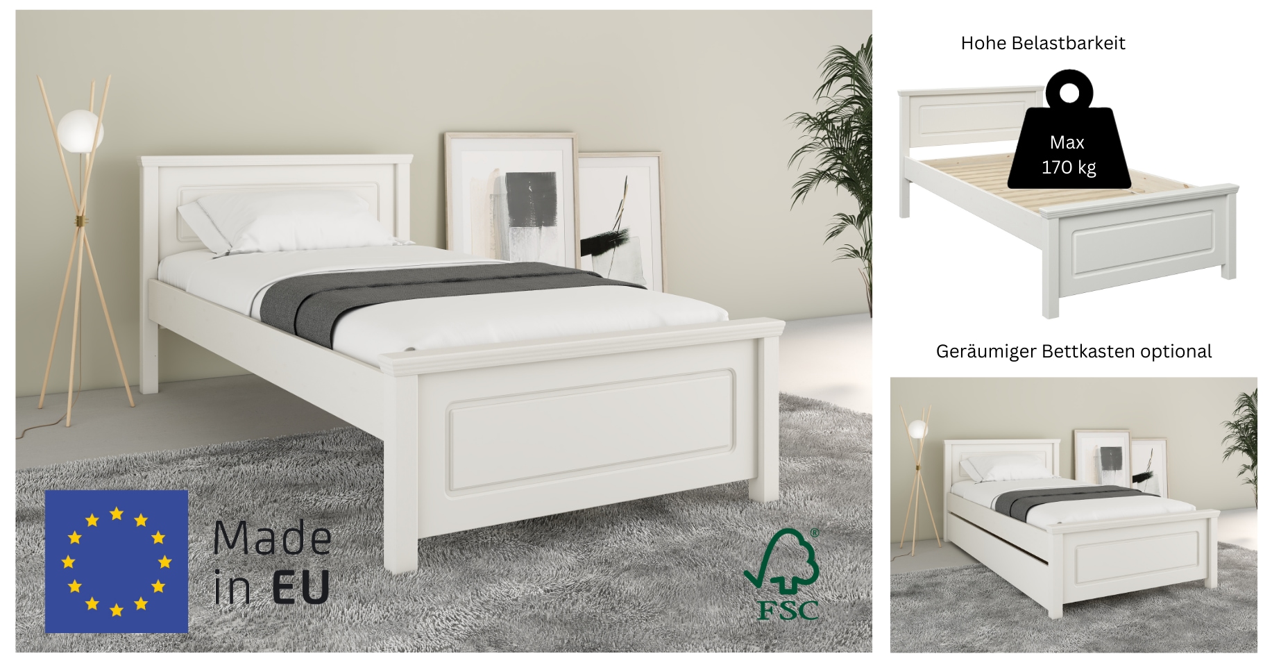 Home affaire Bett »Svea, als Seniorenbett geeignet durch Komforteinstiegshöhe und Breite«, (H/B/L ca. 86/100/200 cm), Belastbarkeit 170KG! Schublade optional, Massivholz, mit Lattenrost