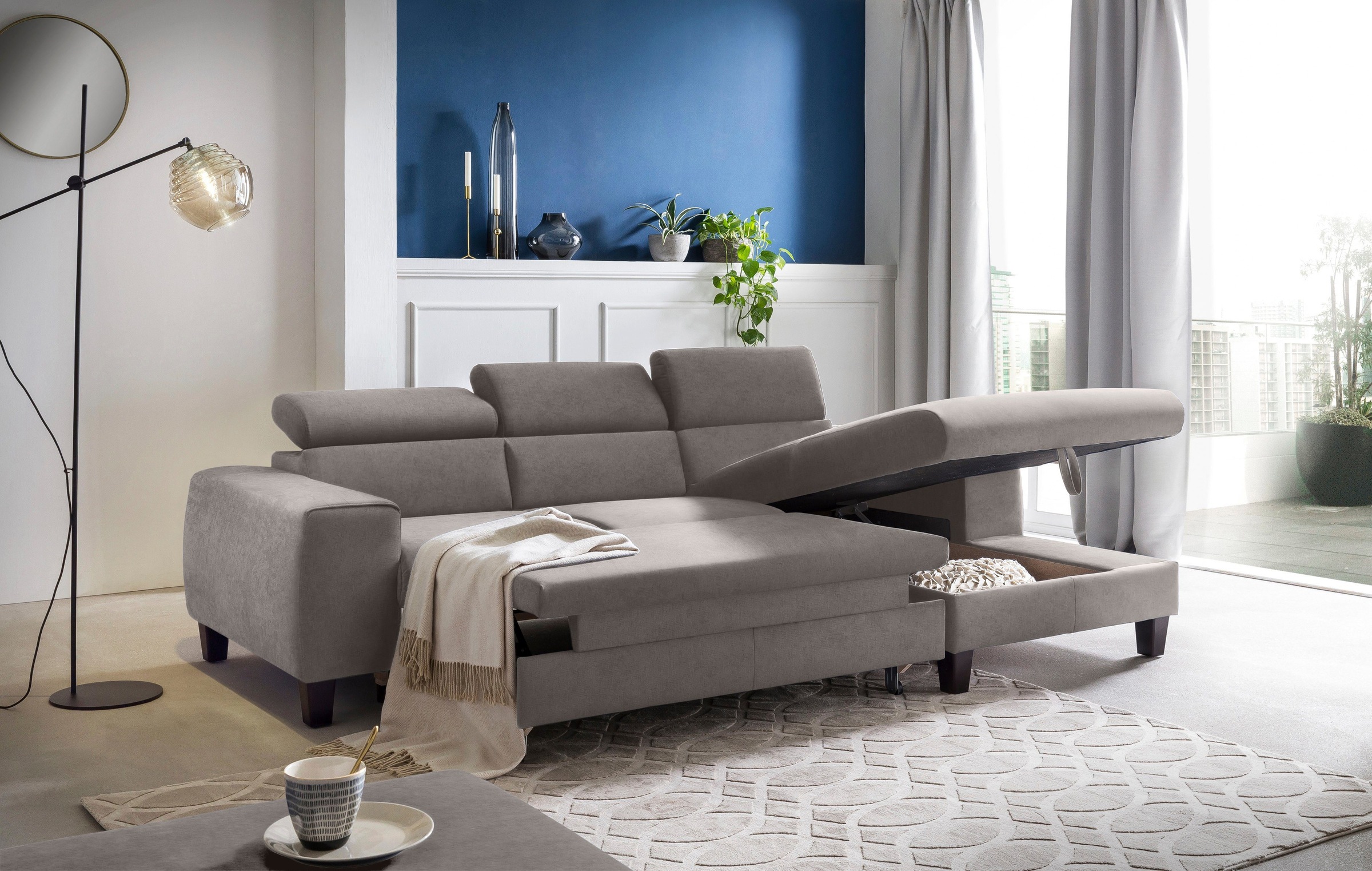COTTA Polstergarnitur »Morven L-Form«, (Set), Set bestehend aus: Ecksofa mit Kopfteilverstellung & Hocker