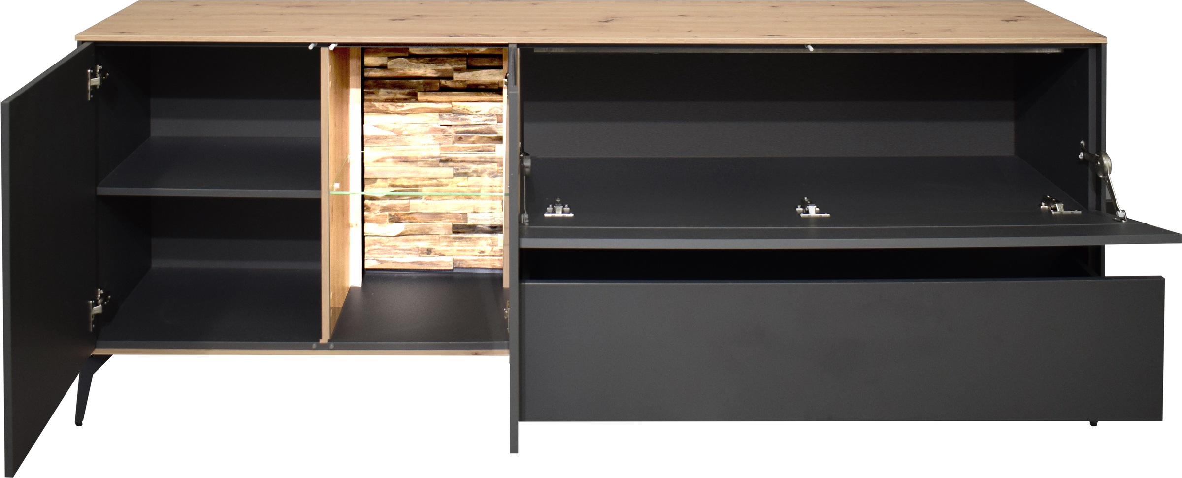 Mäusbacher Lowboard Faro Lowboard B 207 cm, inkl. Beleuchtung, Push to open, Metallfüße