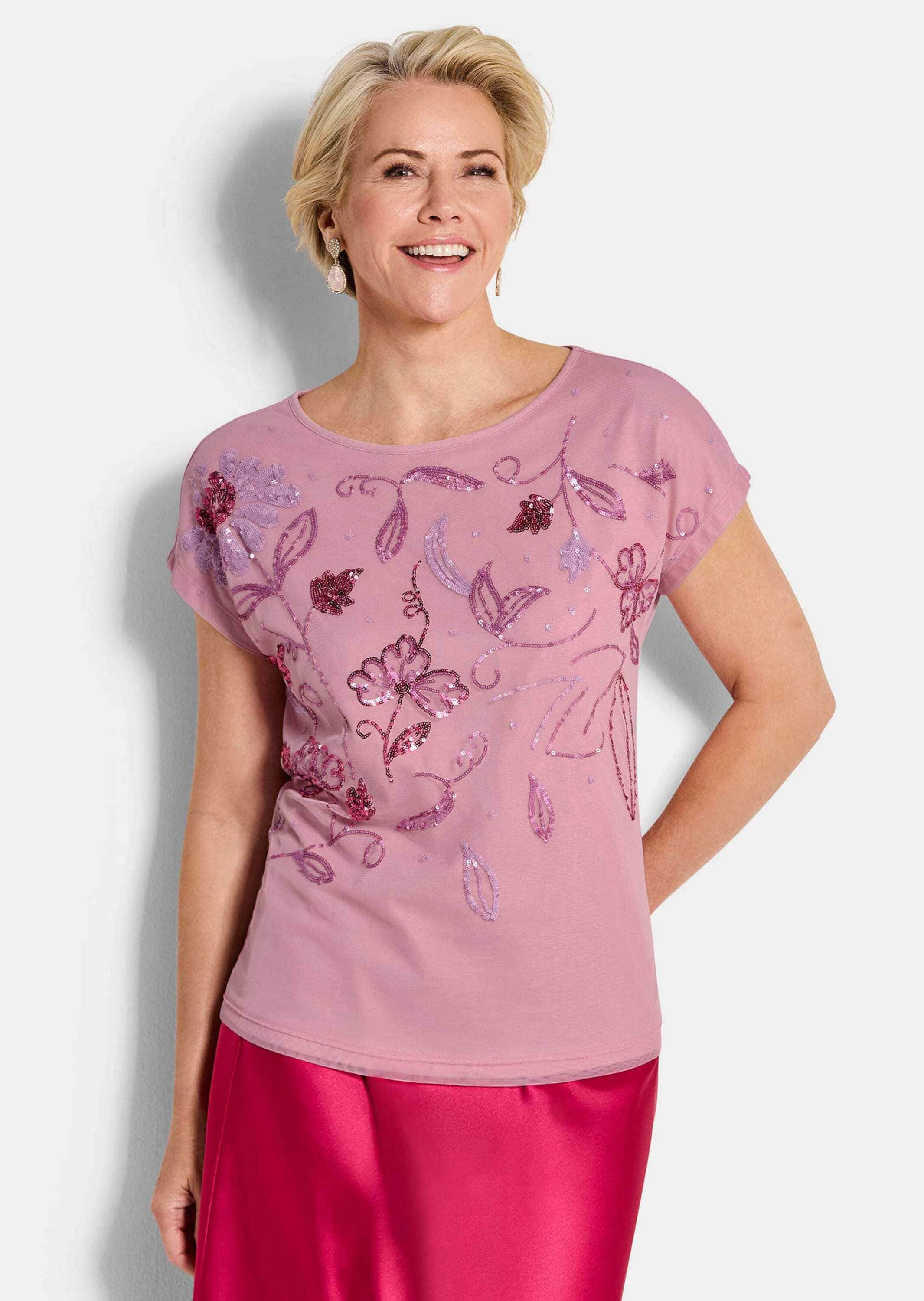 GOLDNER Kurzarmshirt »Blusenshirt mit Pailletten« aufwendige Paillettenstickerei auf dem Vorderteil