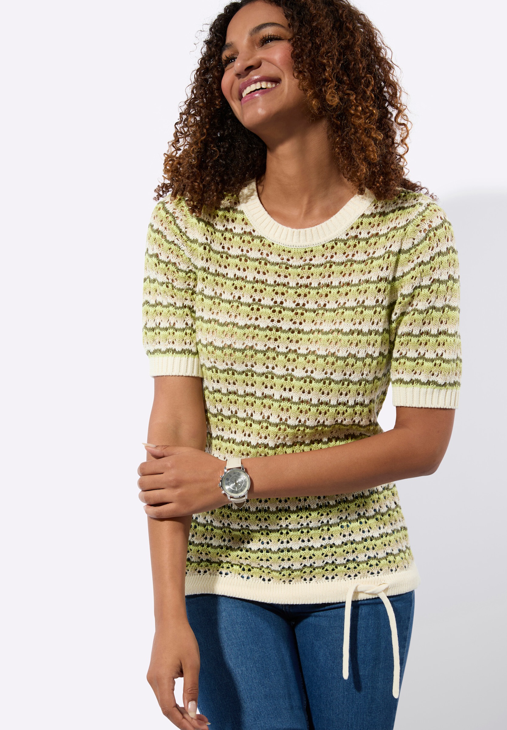 Witt Longpullover »Ajour-Pullover Ajourpullover mit Bindeband am Saum«